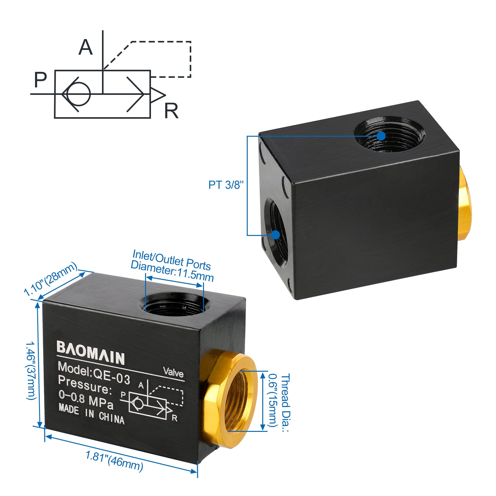 Baomain Pneumatic One Way Quick Exhaust Valve QE-03 3/8PT Inlet Port - BAOMAIN