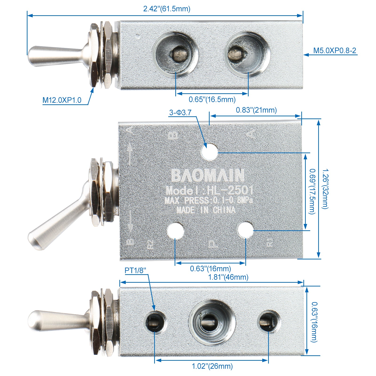 Baomain Pneumatic Toggle Knob Switch Valve HL-2501-V PT1/8 inch 5 Position 2 Way - BAOMAIN