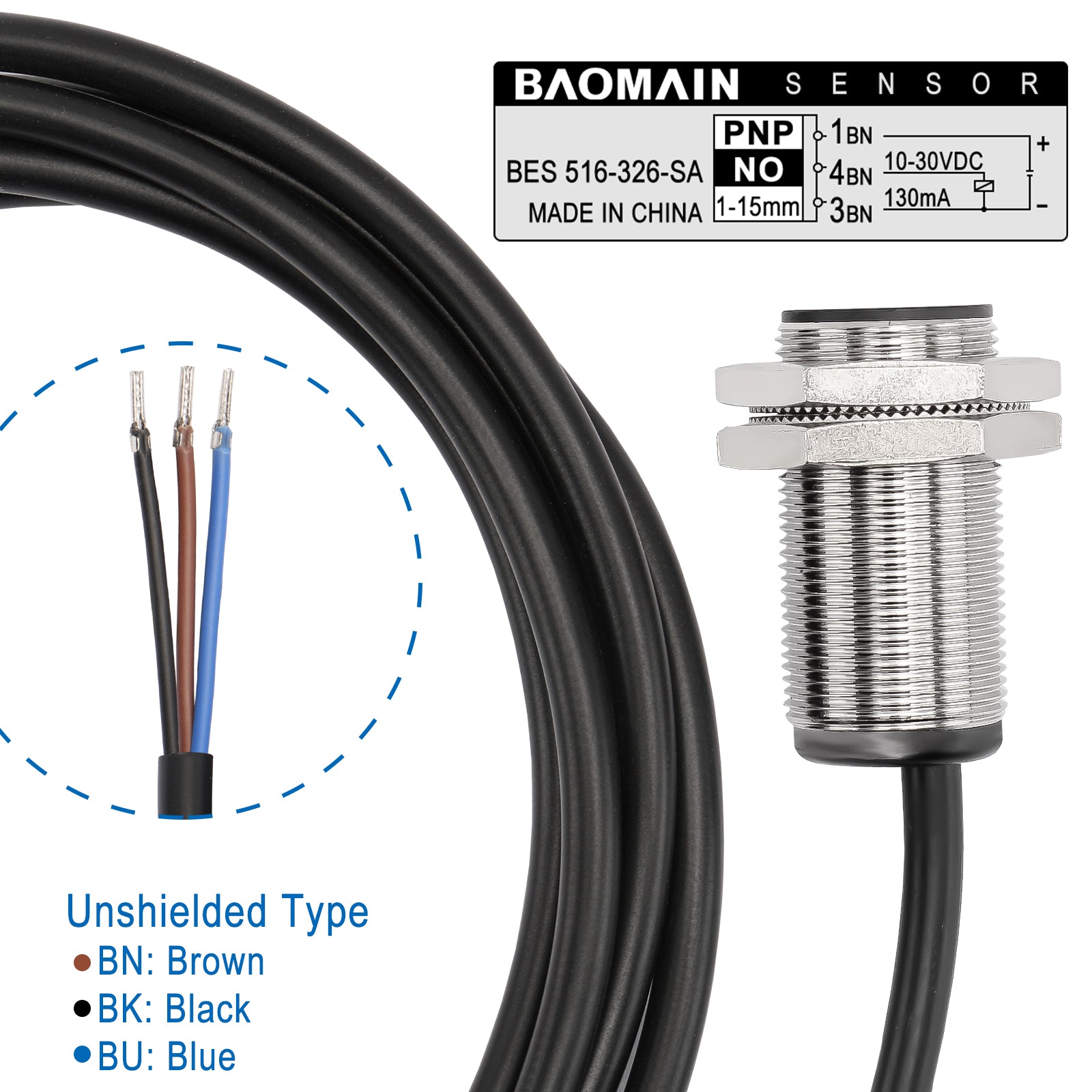 Baomain Näherungssensorschalter BES 516-326-SA PNP NO 10-30 VDC 130 mA 1-15 mm Erfassungsabstand 3-adrig