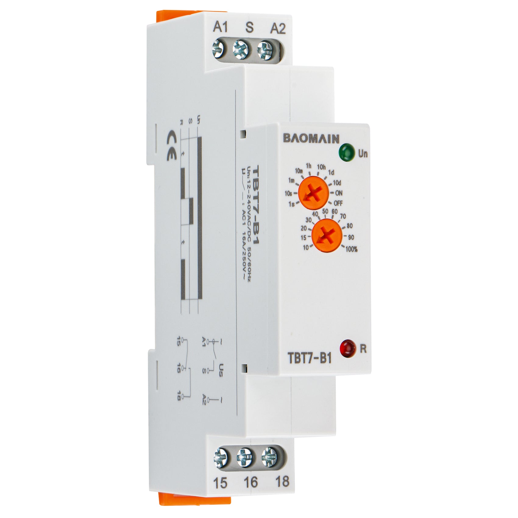 Baomain TBT7-B1 Multi-Function Timer Relay – 16A SPDT Delay ON DIN Rail Mountable