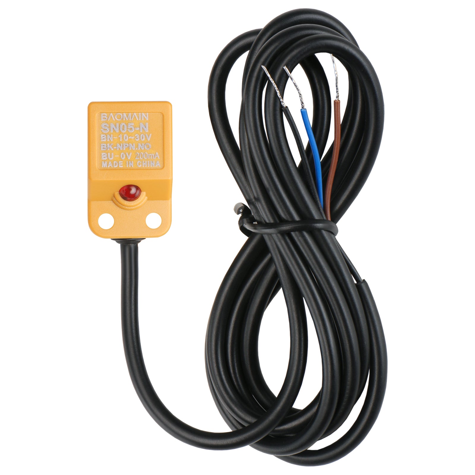 Baomain Quadratischer induktiver Näherungssensorschalter, nicht abgeschirmter Typ SN05-N, Detektorabstand 5 mm, 10–30 VDC, 200 mA, NPN, normalerweise offen (NO), 3-adrig