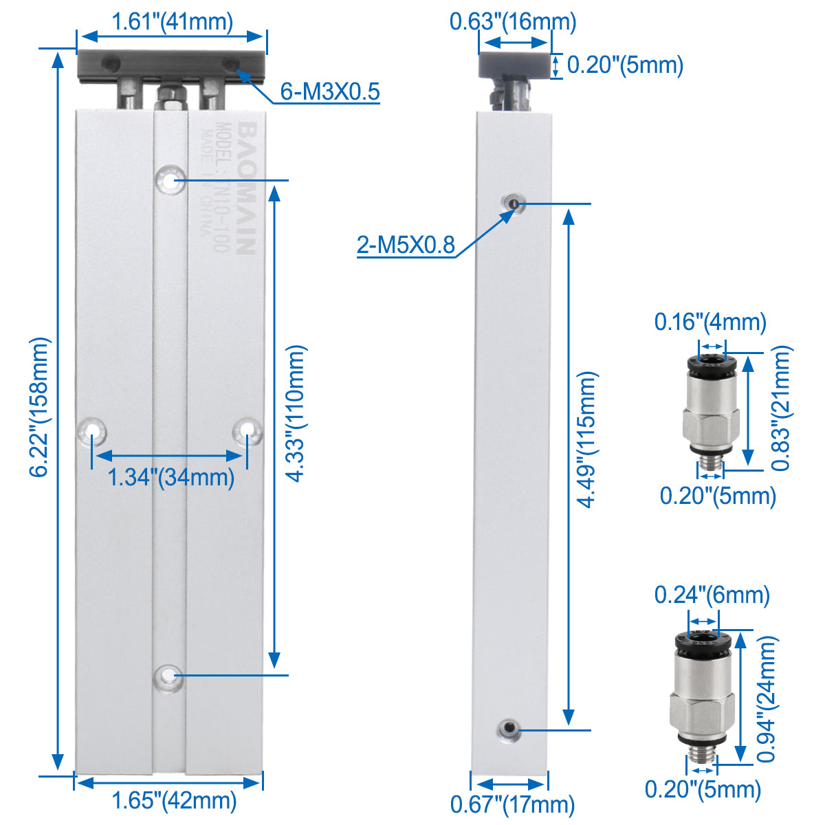 BAOMAIN Pneumatischer Luftzylinder TN10-100 10mm (0,4") Bohrung, 100mm (4") Hub Doppelstange Doppeltwirkend Aluminium mit 4 Armaturen