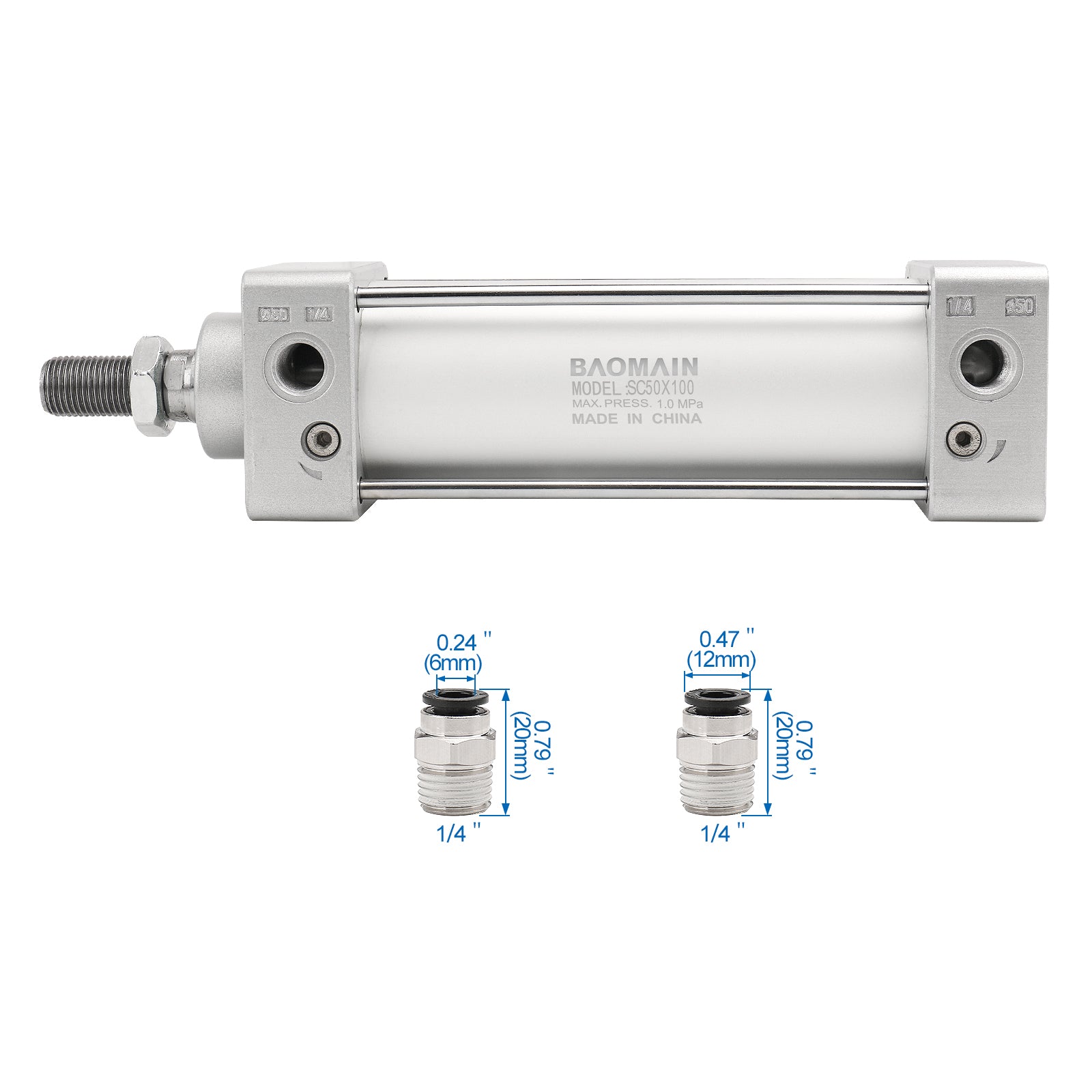 Pneumatic Air Cylinder SC 50 PT 1/4, Bore: 50mm (2 inch) Screwed Piston Rod Dual Action 1 Mpa - BAOMAIN