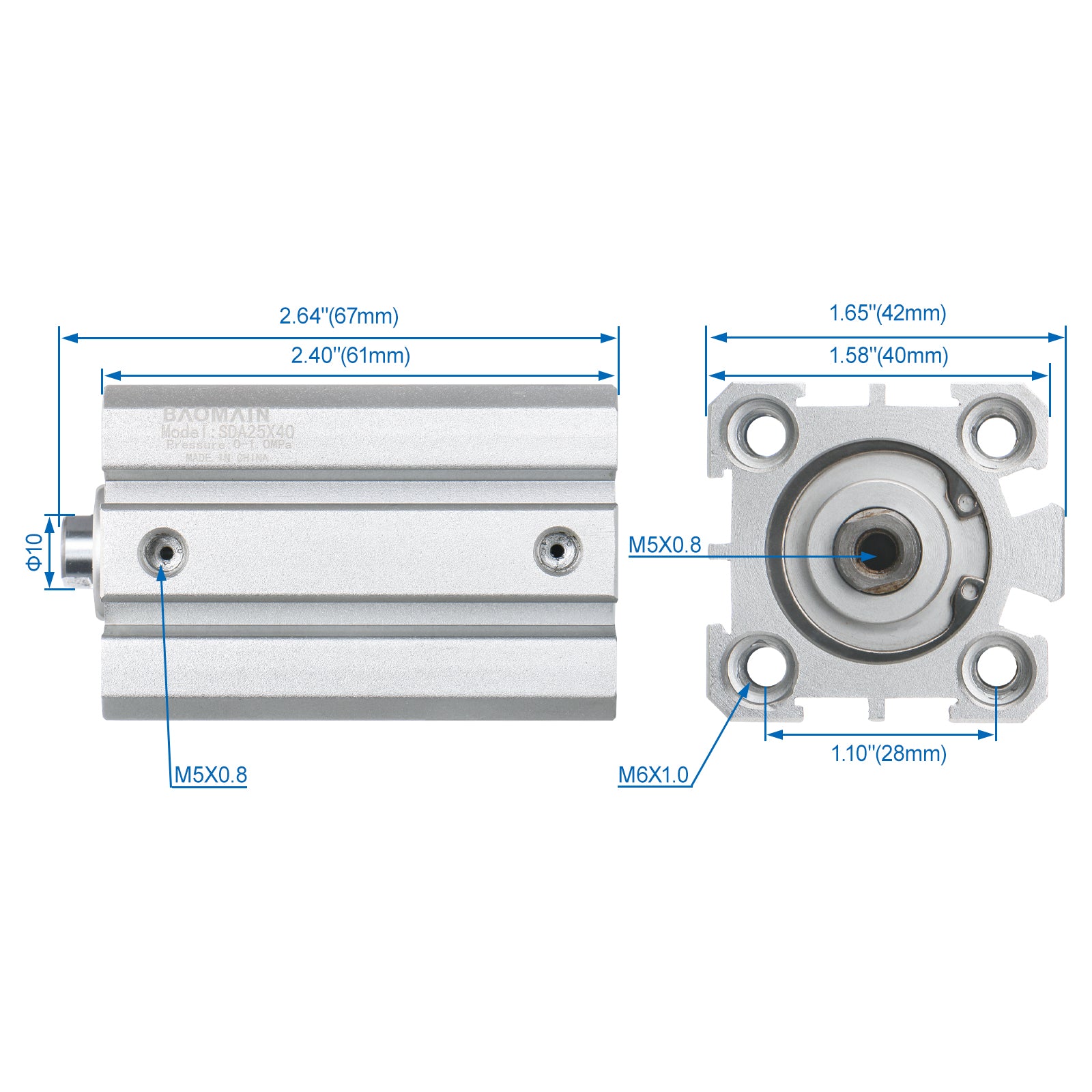 Baomain Compact Thin Pneumatic Air Cylinder SDA-25 Series 25mm Bore Double Action M5 Port - BAOMAIN