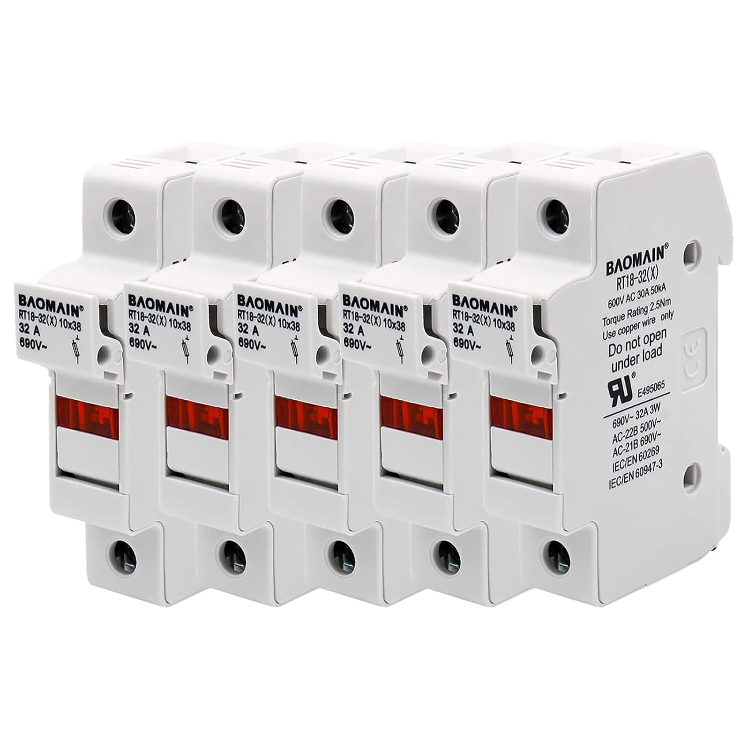 Baomain RT18-32 (X) Cylindrical Fuse Holder, 10 × 38 mm, Single-Pole, DIN-Rail, UL, Pack of 5 - BAOMAIN