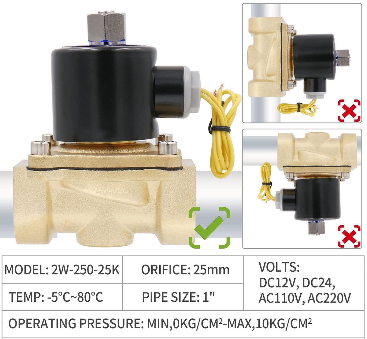 Électrovanne Pneumatique Baomain 3/8 Pouce - Laiton, Normalement Ouverte, 2 Voies AC 220V