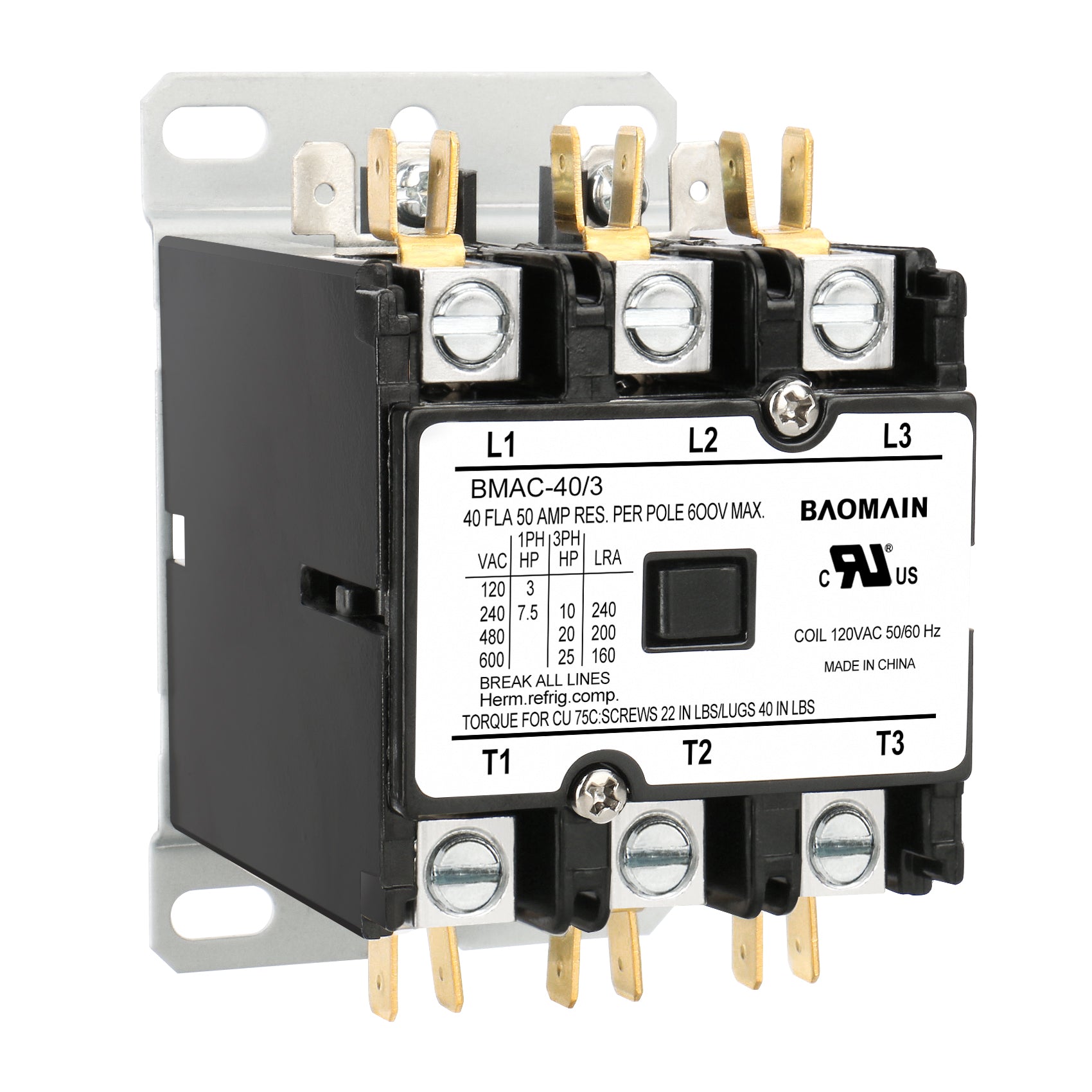 Baomain HVAC AC-Schütz, BMAC-40/3 AC 120 V Spule 40 A 3-poliger Hochleistungs-Kondensatorkompressor-Schütz für Klimaanlagen, Ersatz für HVAC-Schütze