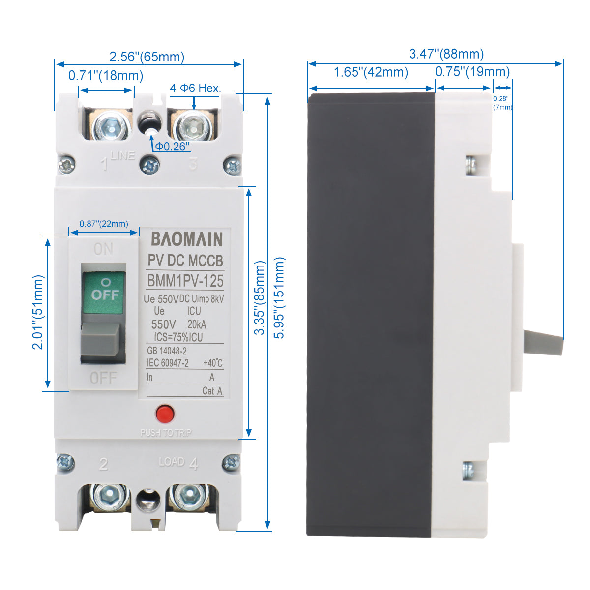 Baomain DC-Leistungsschalter für netzunabhängige Solarsysteme, 63 A/80 A/100 A/125 A, 2-polig, DC 550 V, geformtes Gehäuse, IP20, DC MCCB BMM1PV-125