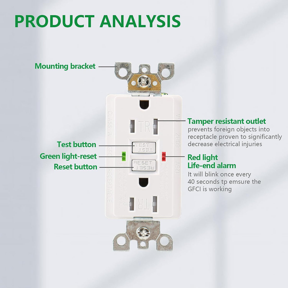 Baomain GFCI Outlet 15Amp AC125V 60Hz,Automatic Trigger Function