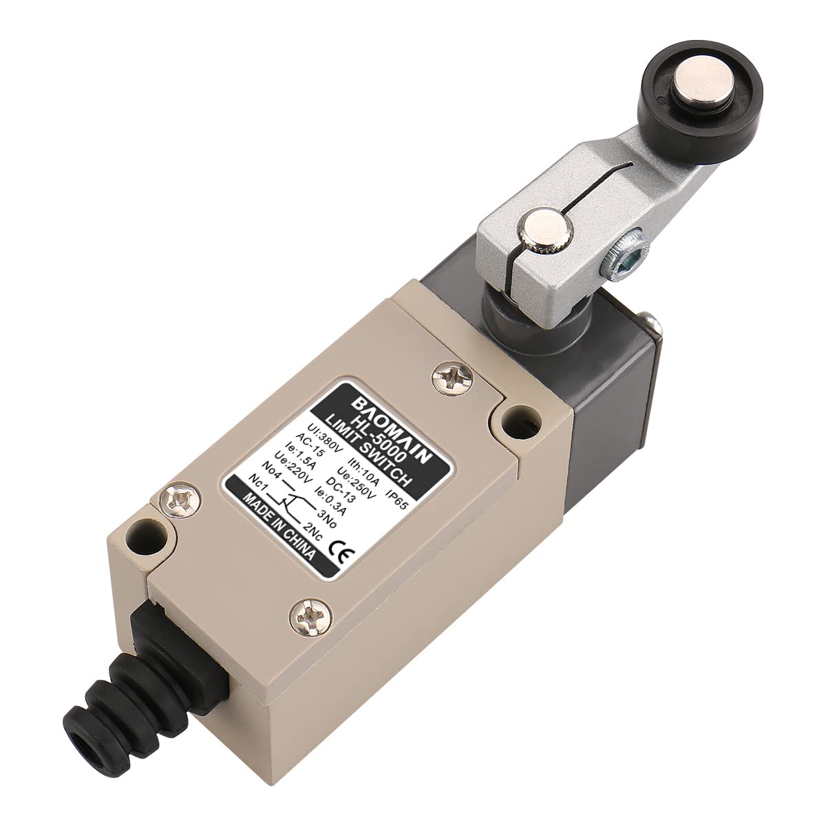 Baomain HL-5000 (TZ-1104) Momentaner Endschalter mit Rollenhebel, 1 Öffner + 1 Schließer, 380 V, 10 A, IP65