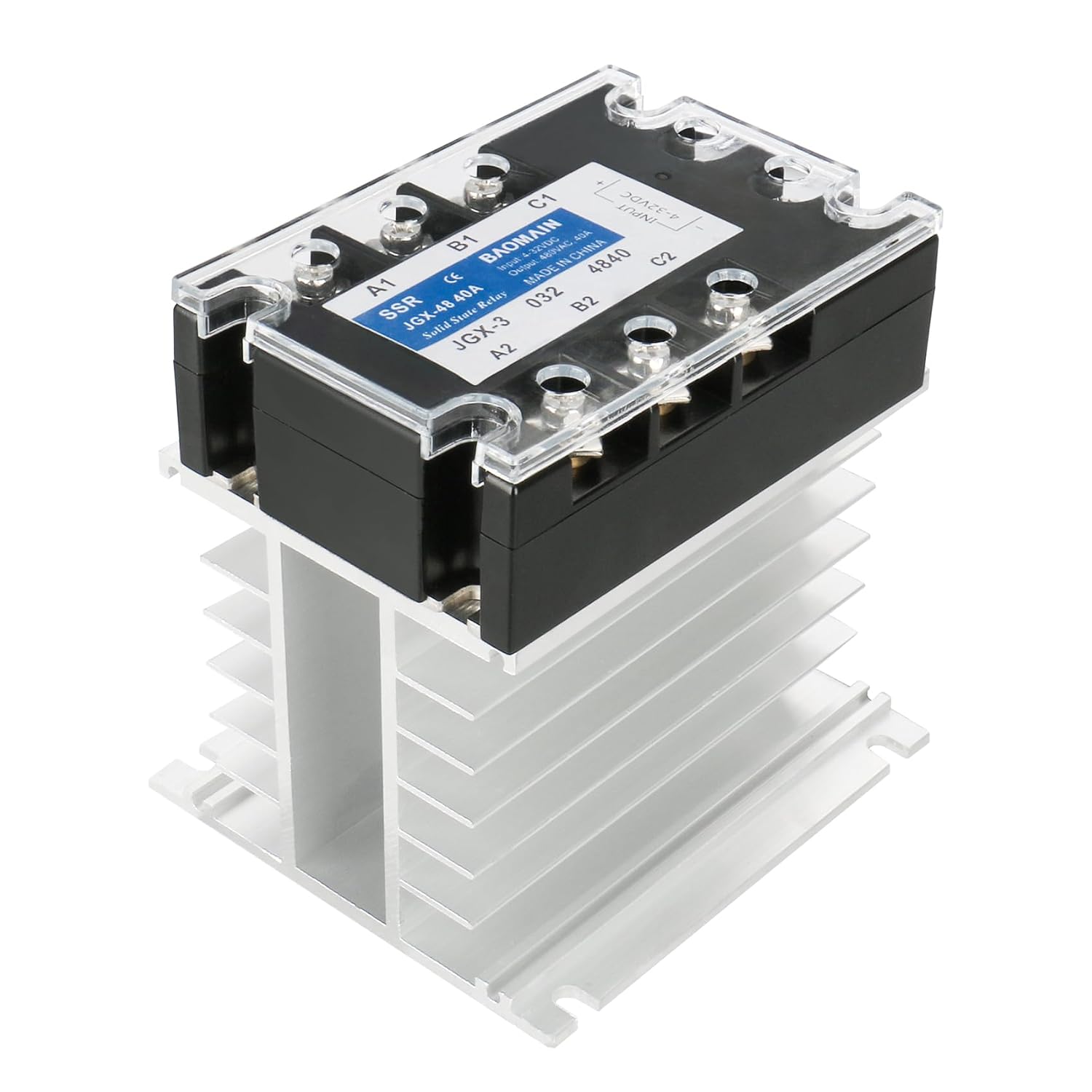 Baomain 3-Phasen-Halbleiterrelais JGX-4860 3,5–32 VDC Eingang 480 VAC 60 Ampere Ausgang DC/AC mit Kühlkörper