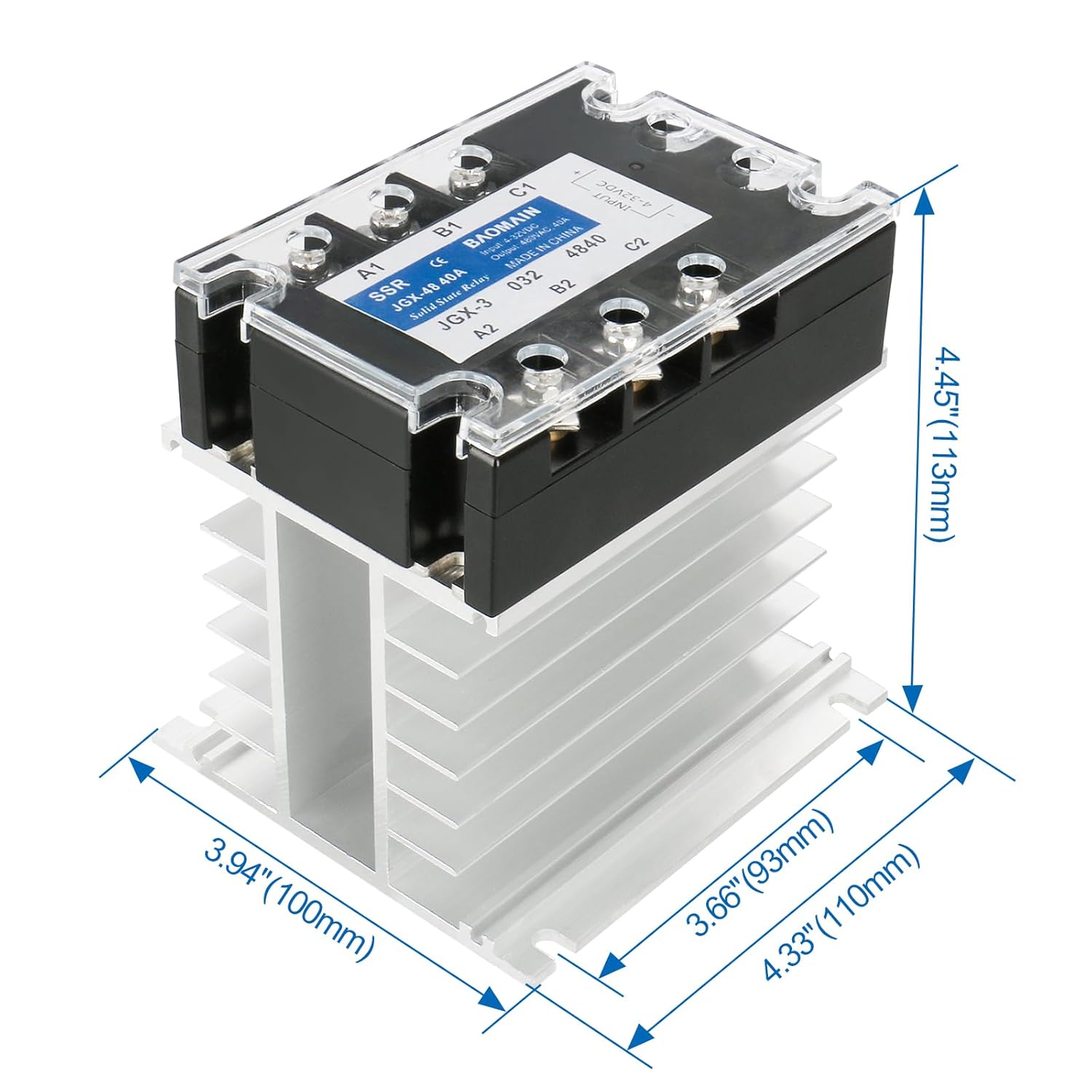 Baomain 3-Phasen-Halbleiterrelais JGX-4860 3,5–32 VDC Eingang 480 VAC 60 Ampere Ausgang DC/AC mit Kühlkörper