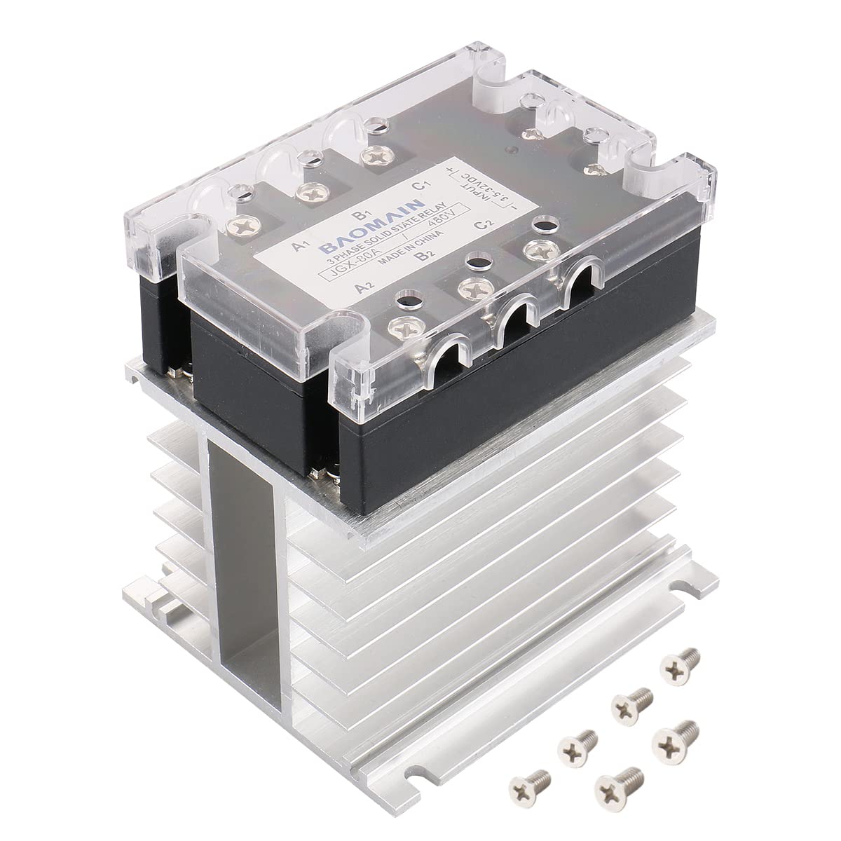 Baomain 3-Phasen-Halbleiterrelais JGX-3380A 4-32 VDC Eingang 480 VAC 80 Ampere Ausgang DC/AC mit Kühlkörper