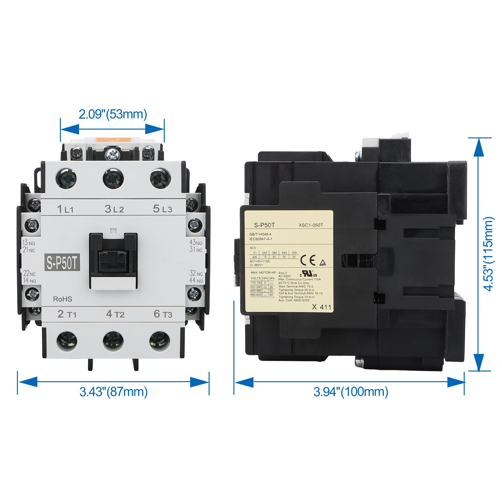 Baomain Magnetic Contactor S-P50T Coil 200V-220VAC 50-60Hz, UL RoHs CE TÜV
