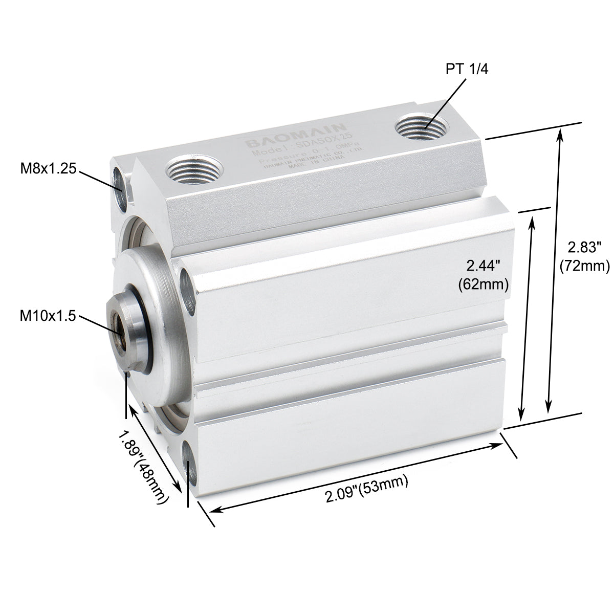 Baomain Compact Thin Pneumatic Air Cylinder SDA-50 Series 50mm Bore Double Action PT1/4 Port with 2 Fitting - BAOMAIN