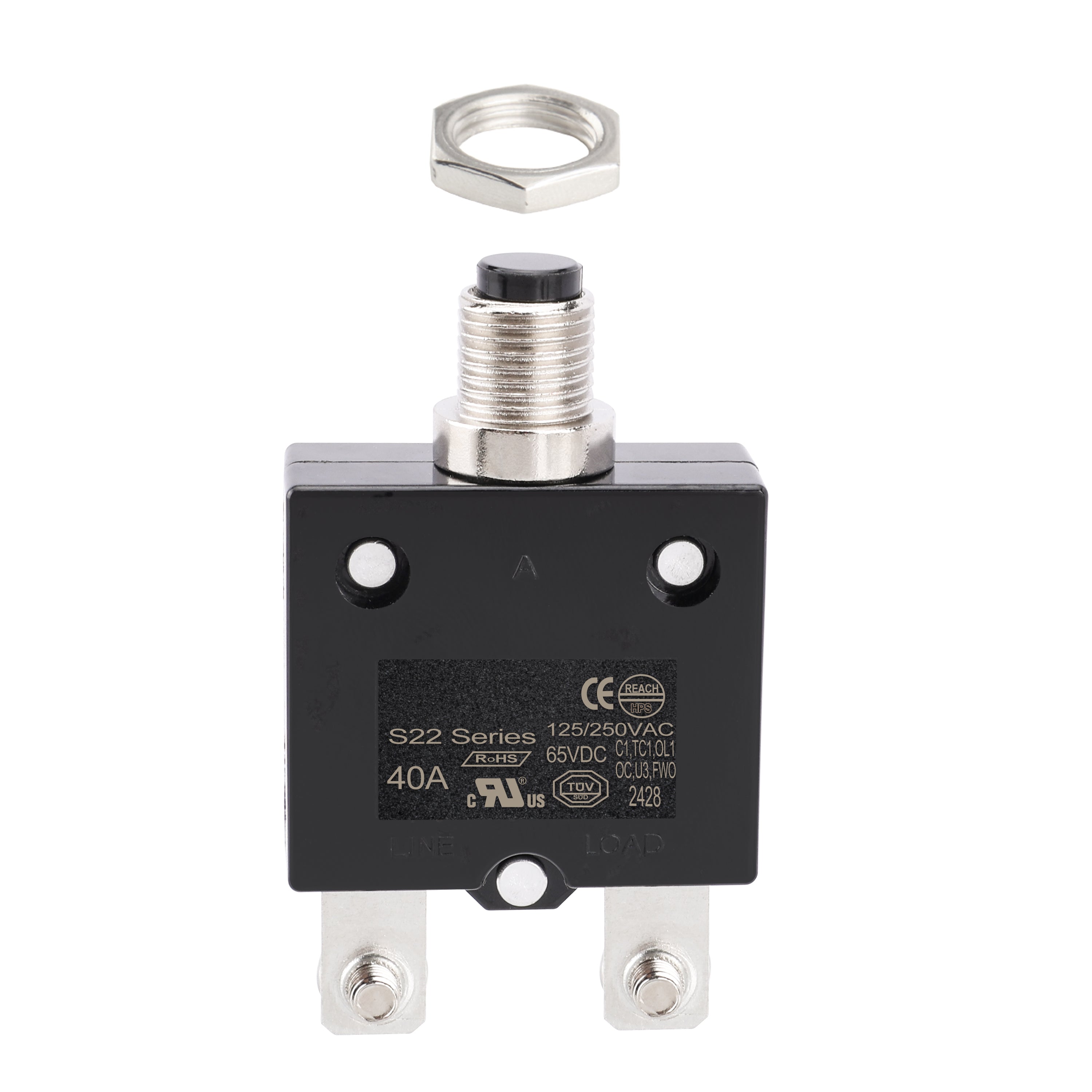 Baomain Leistungsschalter Thermischer Überlastschutz, S22 Serie 125/250VAC/65VDC Schraubklemme, 40A/45A/50A Thermo-Leistungsschalter mit manueller Rückstellung, Schwarz, UL CE-gelistet