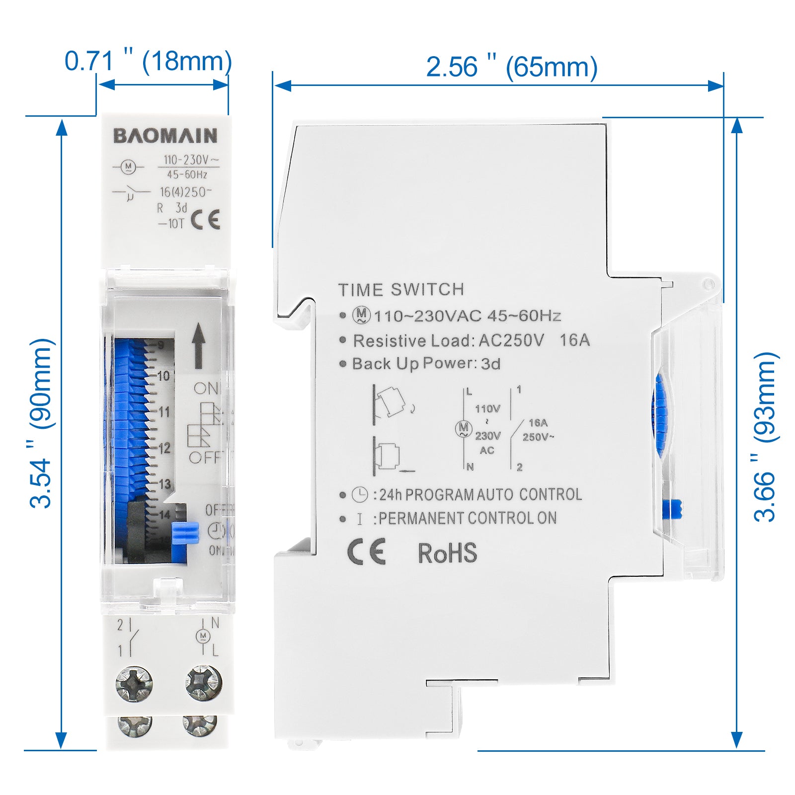 Baomain Tageszeitschaltuhr, SUL180a, 16 A 250 VAC, 24-Stunden-Programmierung, analoger Timer, quarzgesteuertes Zeitrelais