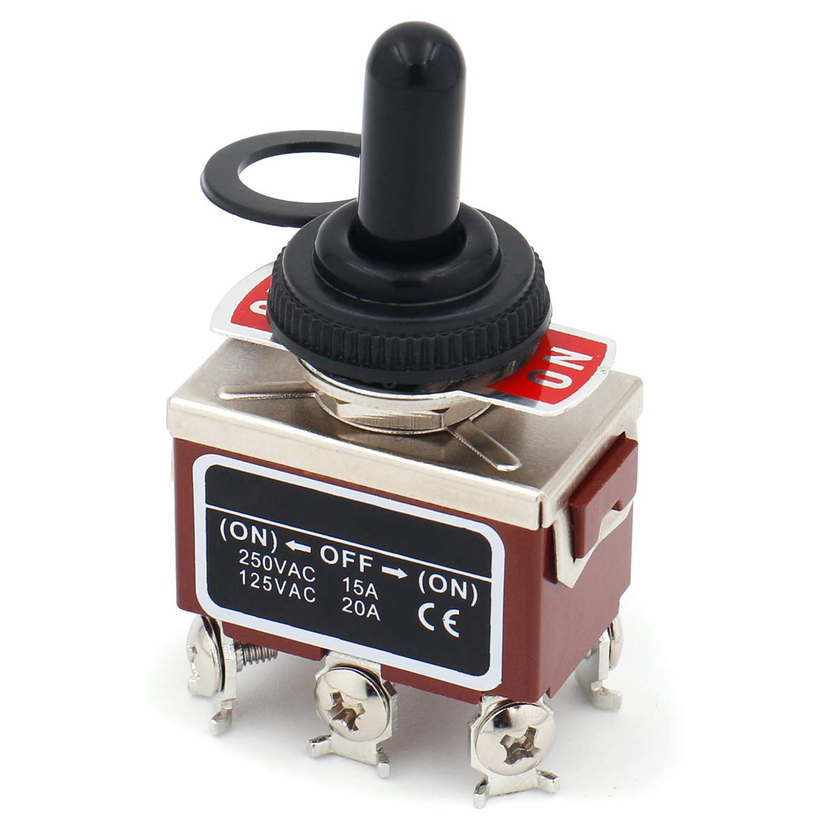 Baomain Momentaner Kippschalter DPDT (ON)-Off-(ON) 3 Positionen 6 Schraubklemmen RT1322FS 125 VAC 20 A mit regendichter Kappe
