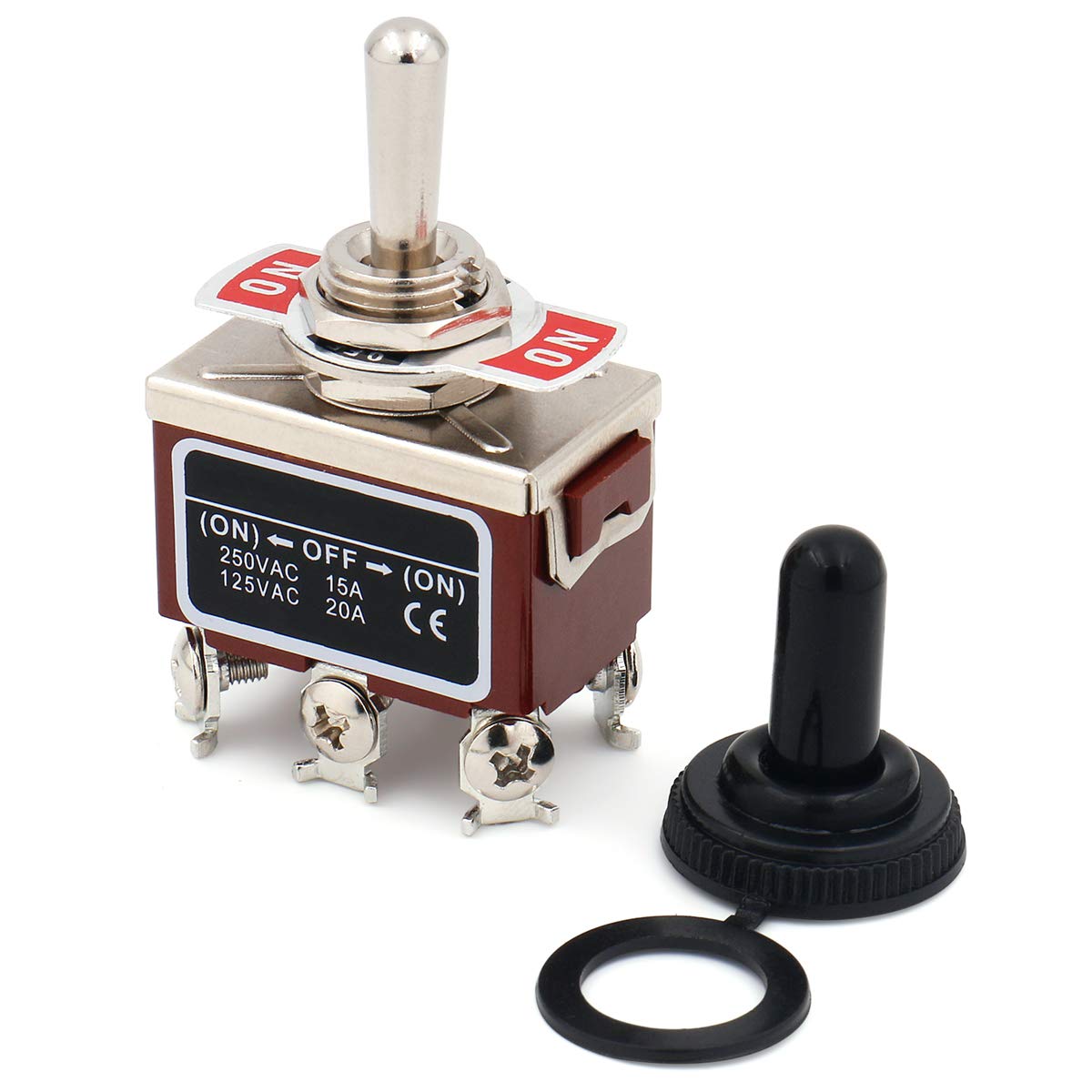 Baomain Momentaner Kippschalter DPDT (ON)-Off-(ON) 3 Positionen 6 Schraubklemmen RT1322FS 125 VAC 20 A mit regendichter Kappe