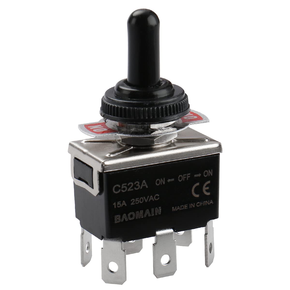 Baomain Kippschalter C-523A AC 250 V 15 A DPDT 3 Positionen EIN/AUS/EIN 6 Pins mit Kappe CE-gelistet