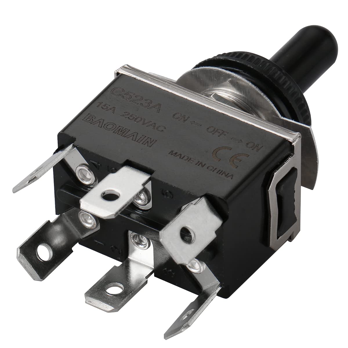 Baomain Kippschalter C-523A AC 250 V 15 A DPDT 3 Positionen EIN/AUS/EIN 6 Pins mit Kappe CE-gelistet