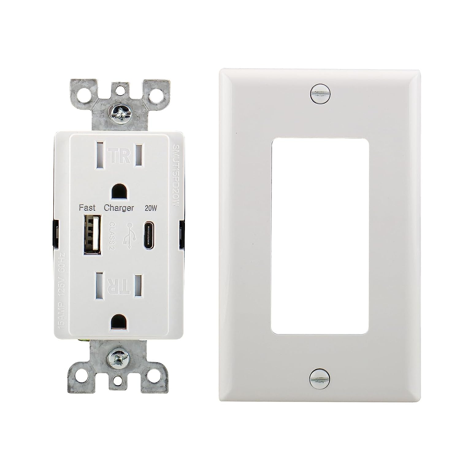 Baomain USB-Stromversorgungssteckdose, QC3.0 PD20W Typ A und Typ C, manipulationssicherer 15-Ampere-Steckdosenstecker, Wandplatte enthalten, ETL-gelistet, weiß