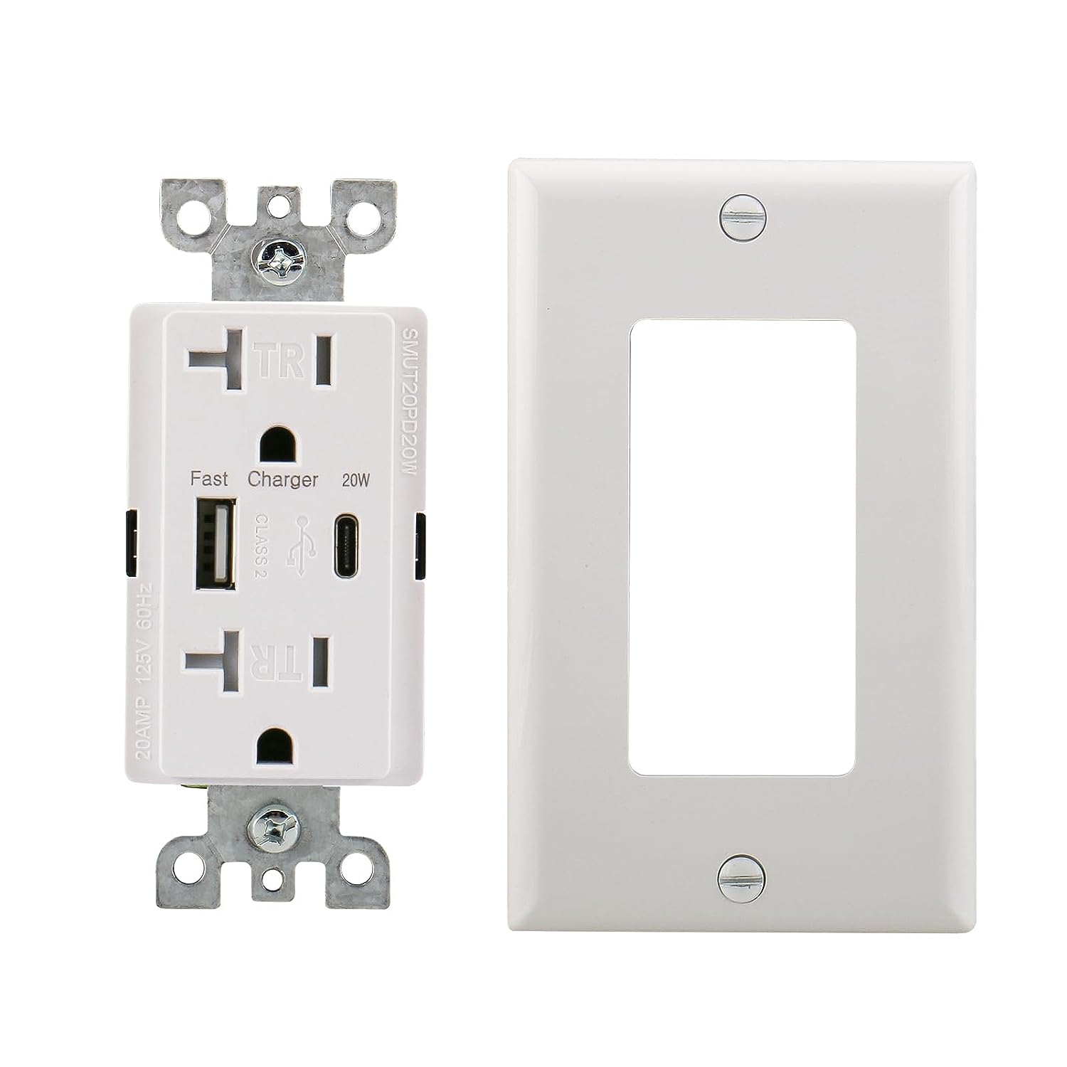 Baomain QC3.0 PD3.0 USB-Steckdose 20 W, manipulationssicherer 20-Ampere-Steckdosenstecker, Ladesteckdose mit USB Typ A und Typ C, ETL-gelistet, Weiß