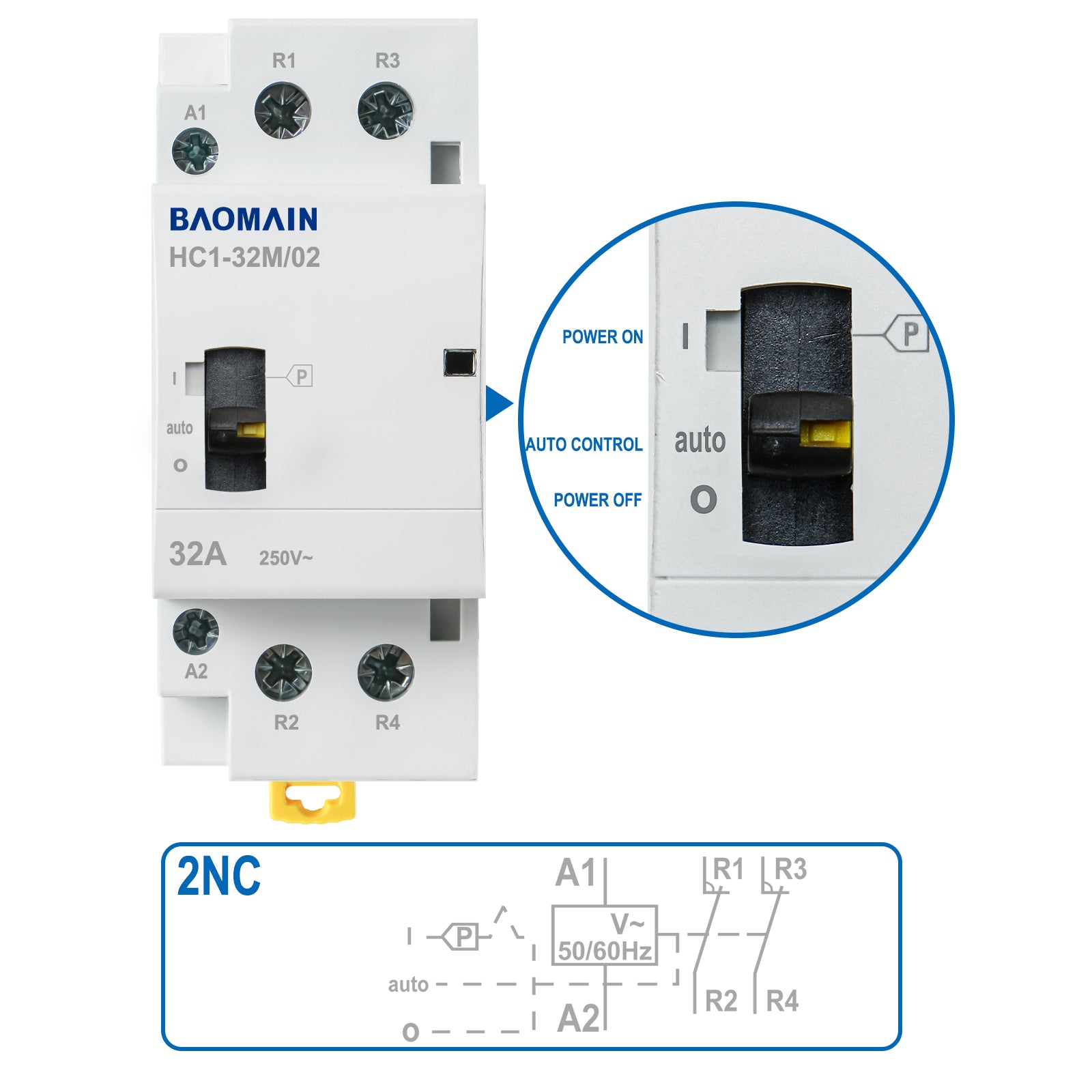 Baomain Manueller Haushalts-Wechselstromschütz HC1-32M 24 V/110 V/220 VAC 32 A 2-polig 50/60 Hz Modularer Schütz Schaltkreissteuerung 35 mm DIN-Schiene