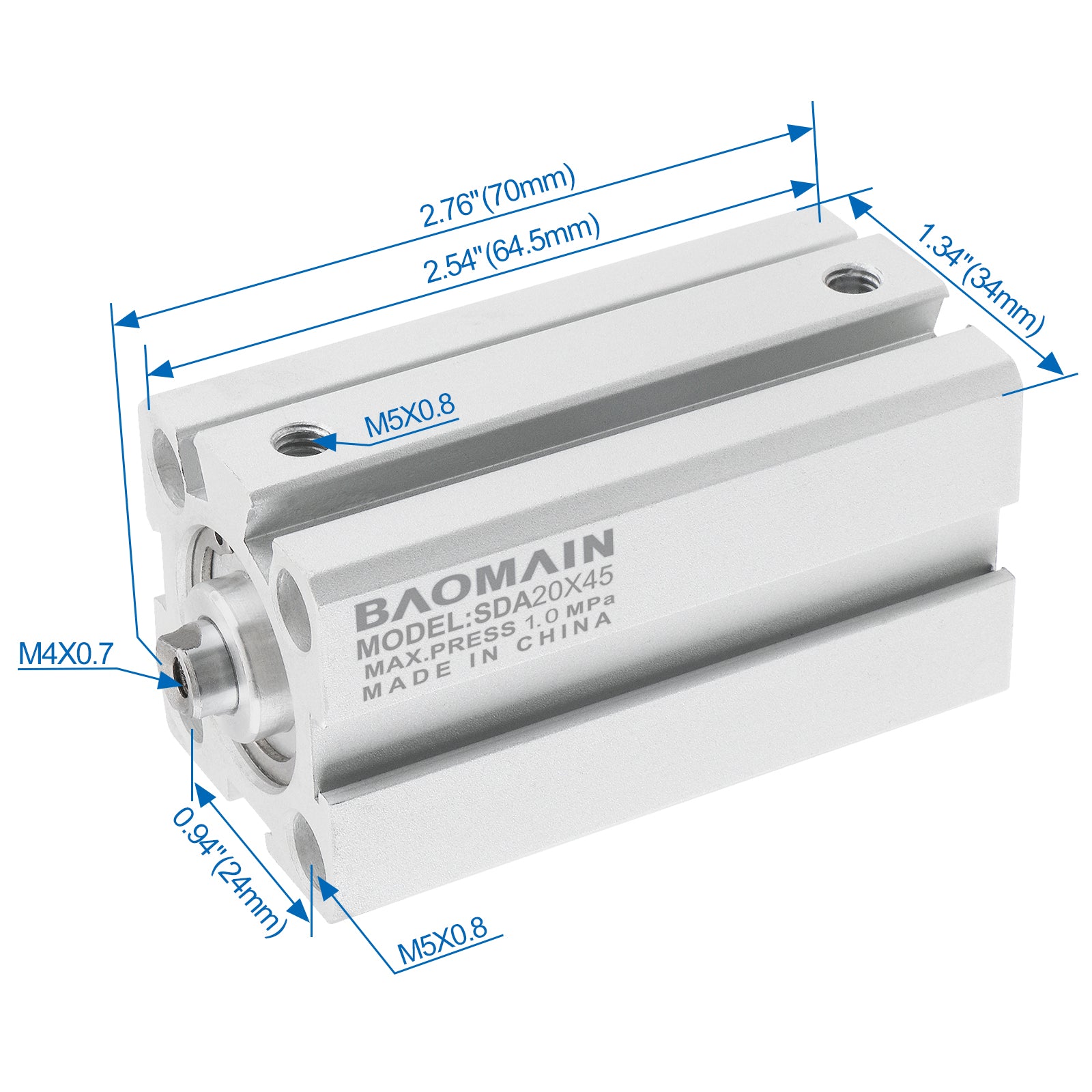 Baomain Compact Thin Pneumatic Air Cylinder SDA 20 Series 20mm Bore Double Action M5 Port - BAOMAIN