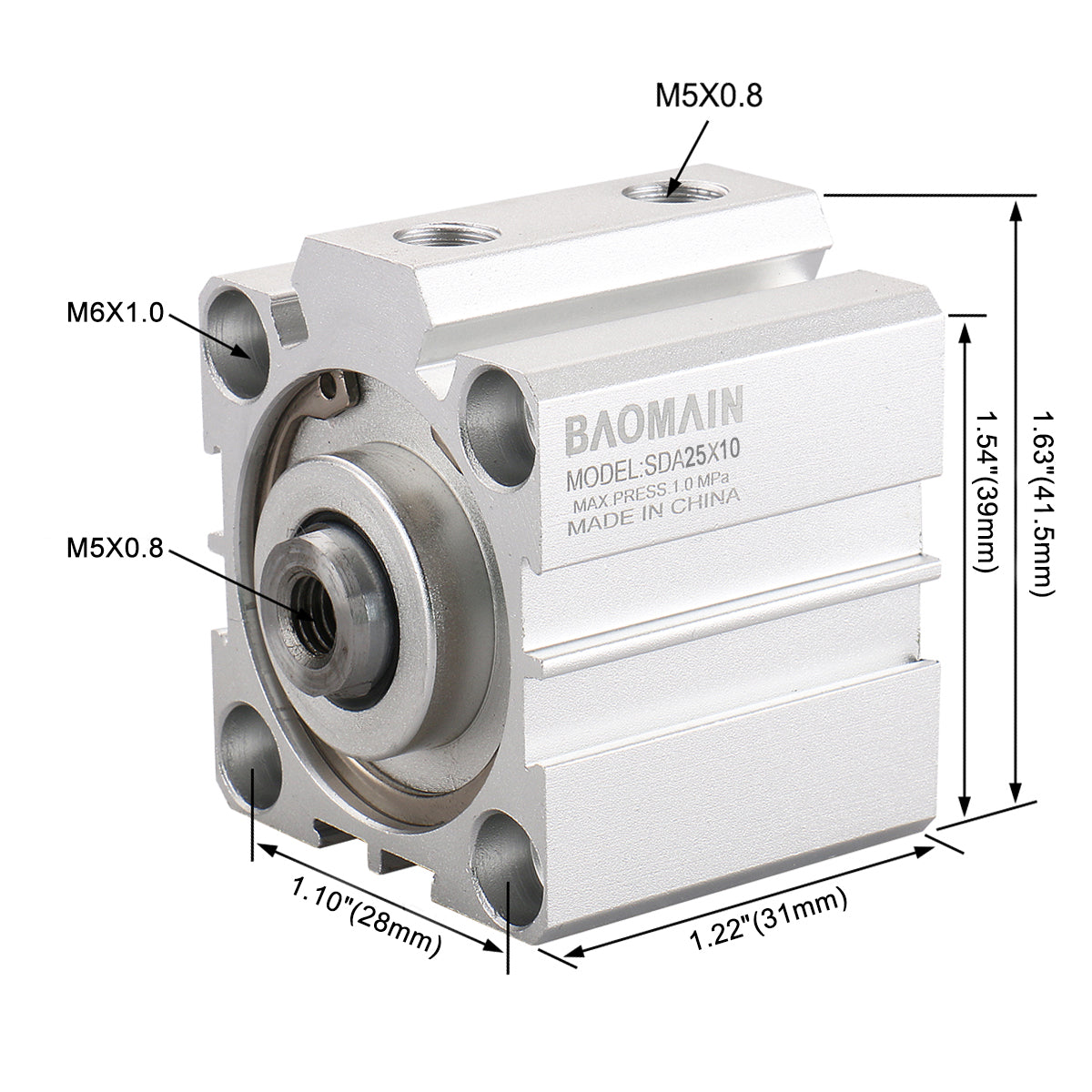 Baomain Compact Thin Pneumatic Air Cylinder SDA-25 Series 25mm Bore Double Action M5 Port - BAOMAIN