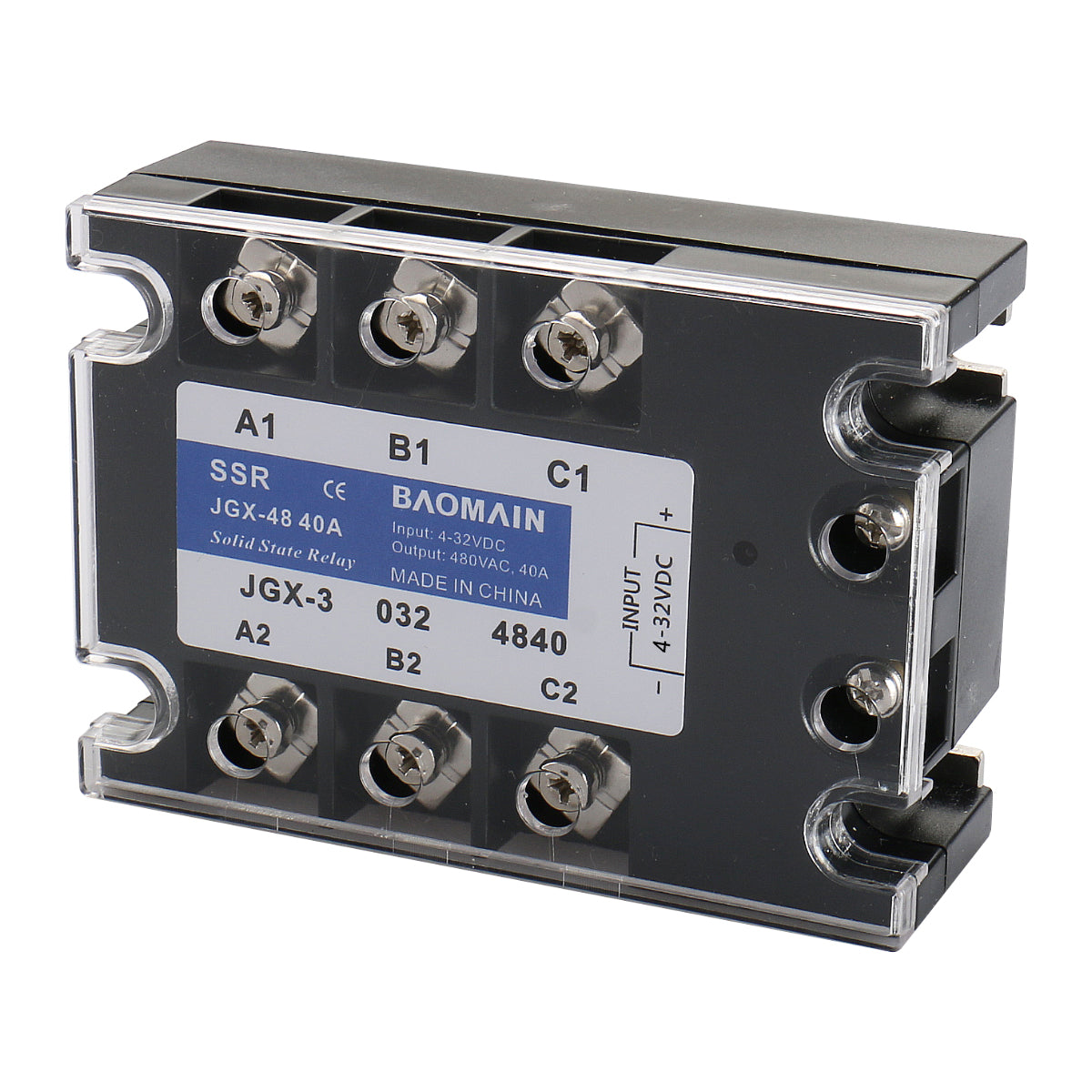Baomain 3-Phasen-Halbleiterrelais JGX-3340A 3-32 VDC Eingang 480 VAC 40 Ampere Ausgang DC/AC