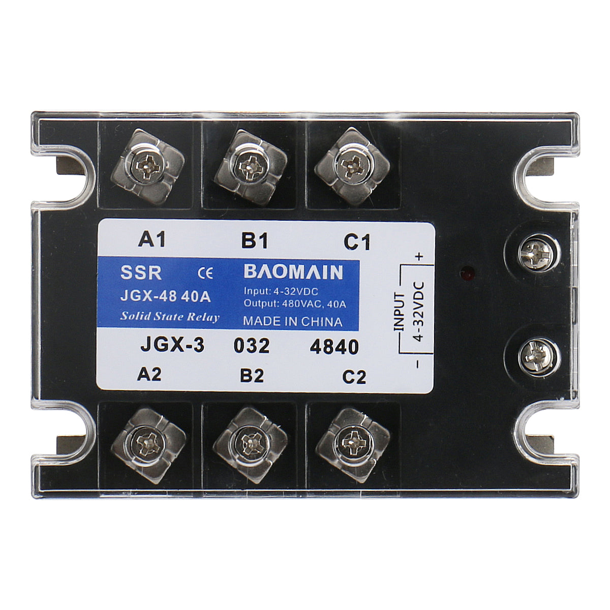 Baomain 3-Phasen-Halbleiterrelais JGX-3340A 3-32 VDC Eingang 480 VAC 40 Ampere Ausgang DC/AC