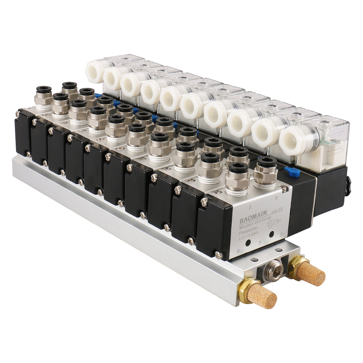 Baomain Integrated 10 Space Solenoid Valve 4V210-08 12V/24V/110V/220V PT1/4 2 Position 5 Way with Base Manifold Muffler Quick Fittings Set - BAOMAIN