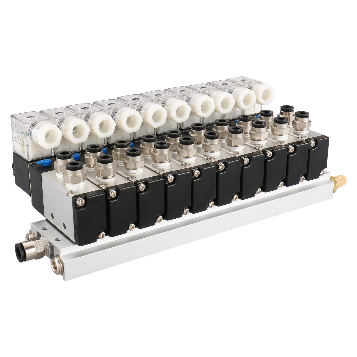 Baomain Integrated 10 Space Solenoid Valve 4V210-08 12V/24V/110V/220V PT1/4 2 Position 5 Way with Base Manifold Muffler Quick Fittings Set - BAOMAIN