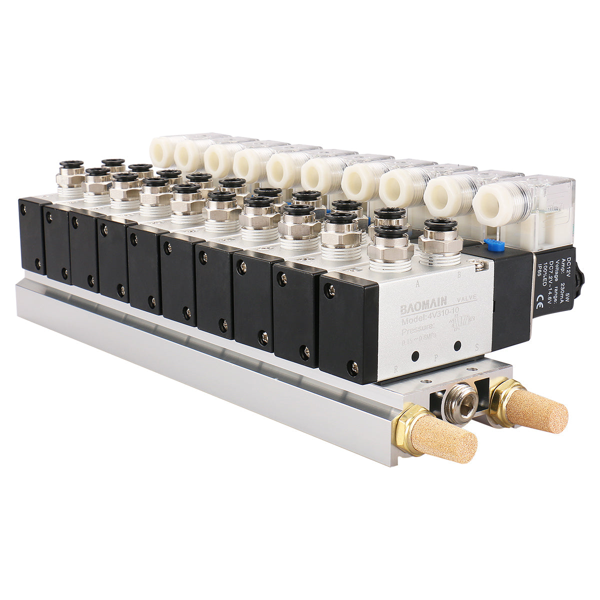 Baomain 10 Space Magnetventil 4V310-10 PT 3/8 Zoll 12 V/24 V/110 V/220 V 2 Positionen 5 Wege Basis Schalldämpfer Schnellverschraubungen Set