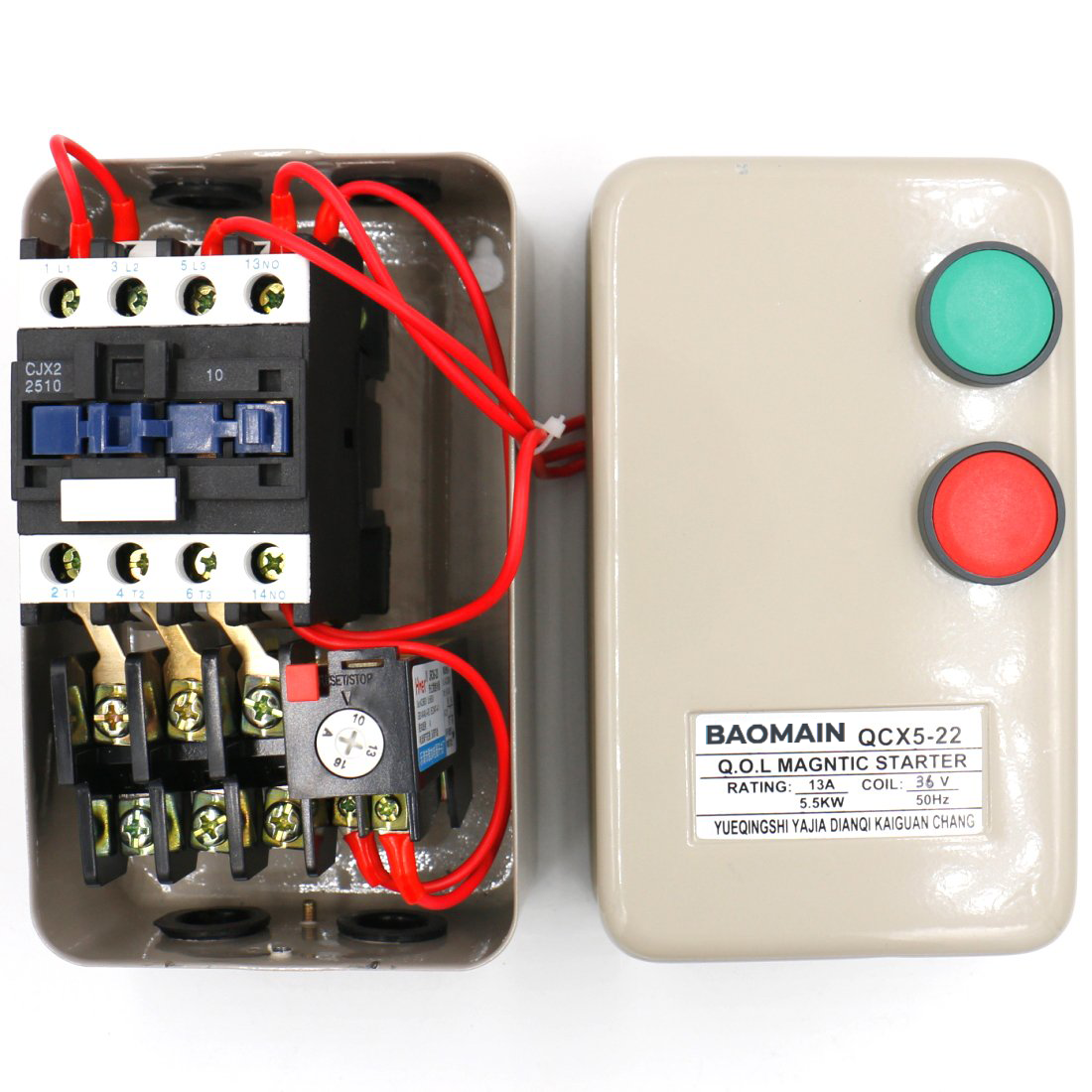 Baomain Three Phase Motor Magnetic Starter QCX5-5.5KW AC Contactor 36V Coil 13A 3Poles 7.5 HP