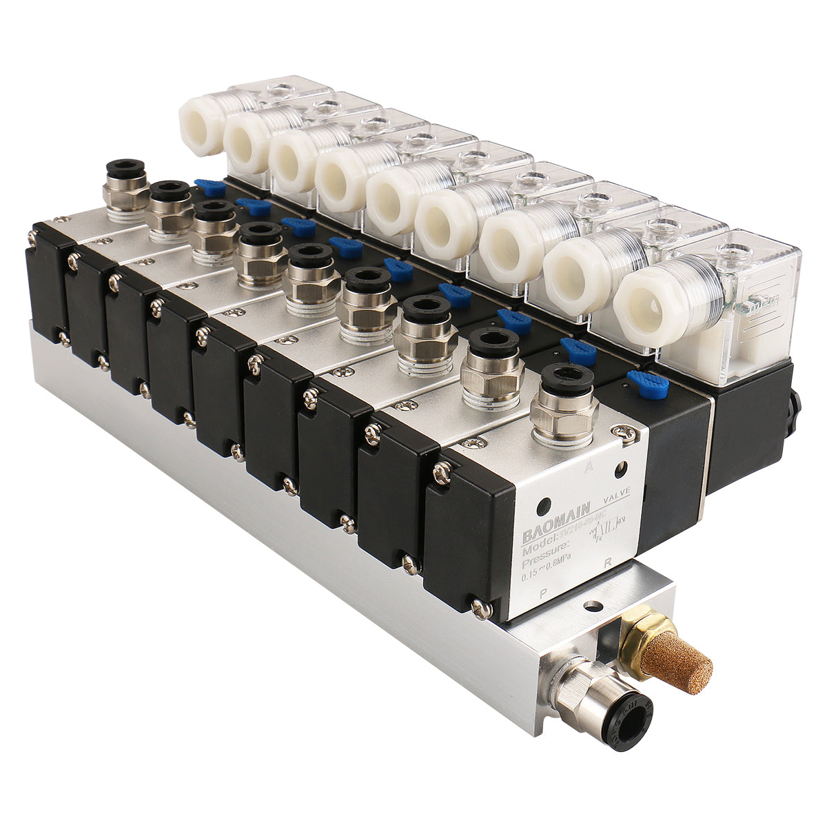 Baomain 9 Space Pneumatisches Magnetventil 3V210-08 12 V/24 V/110 V/220 V PT1/4 2-Positionen-3-Wege-Verteiler mit Basisschalldämpfer-Schnellmontagesatz