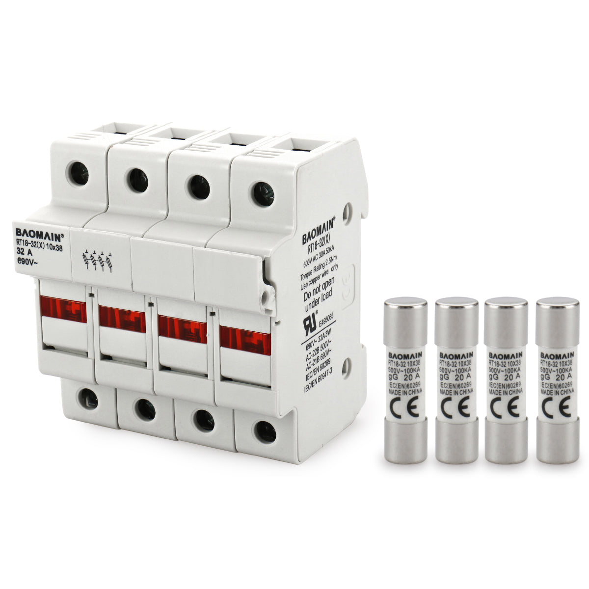 Baomain Cylindrical Fuse Holder RT18-32(X) 10mm X 38mm Fuse Base 4 Poles DIN Rail Mount CE&UR Listed 20 PCS of Fuse - BAOMAIN