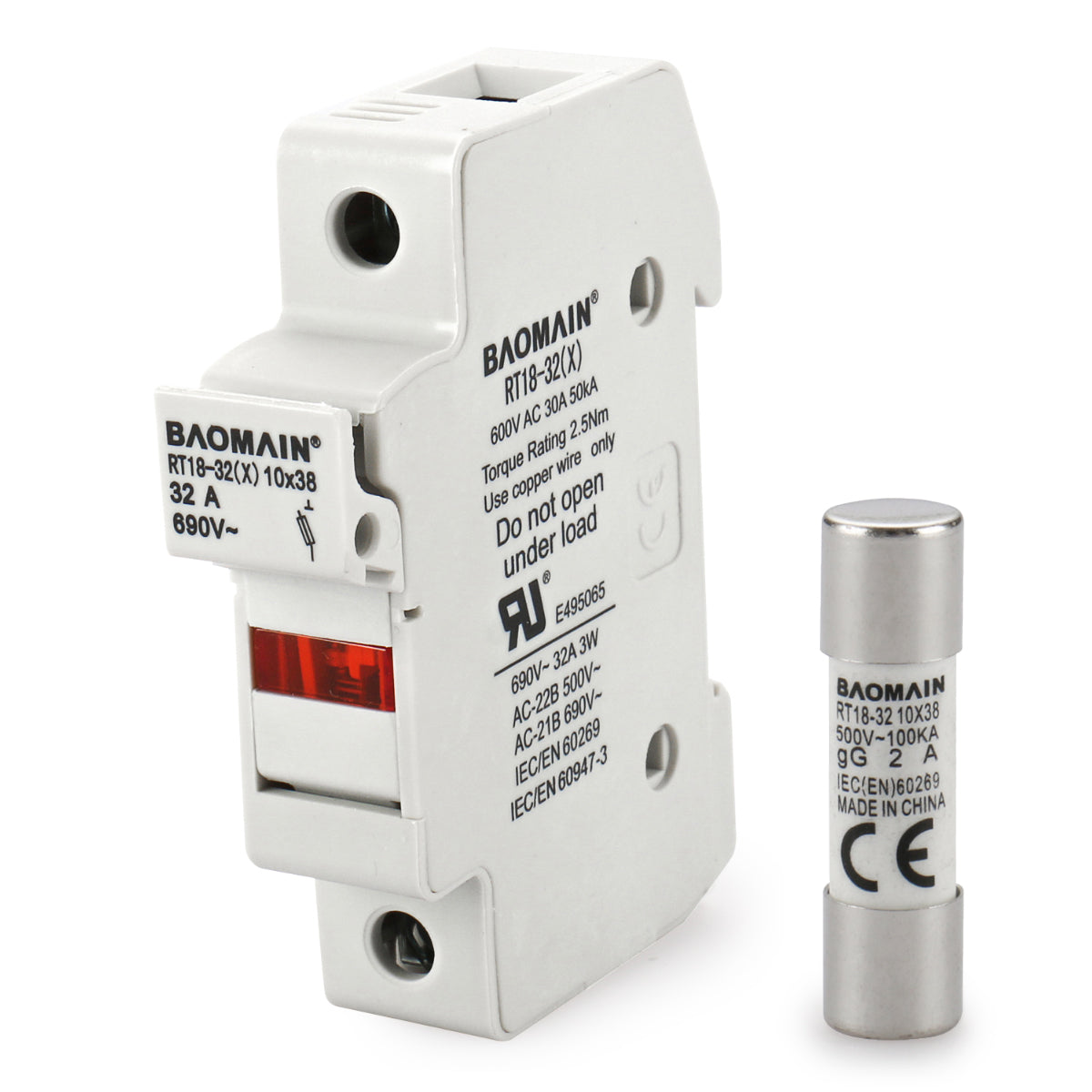 Cylindrical Fuse Holder RT18-32(X) 10mm X 38mm Fuse Base Single Pole DIN Rail Mount CE&TüV Listed 10 PCS of RT18-32 Fuse - BAOMAIN