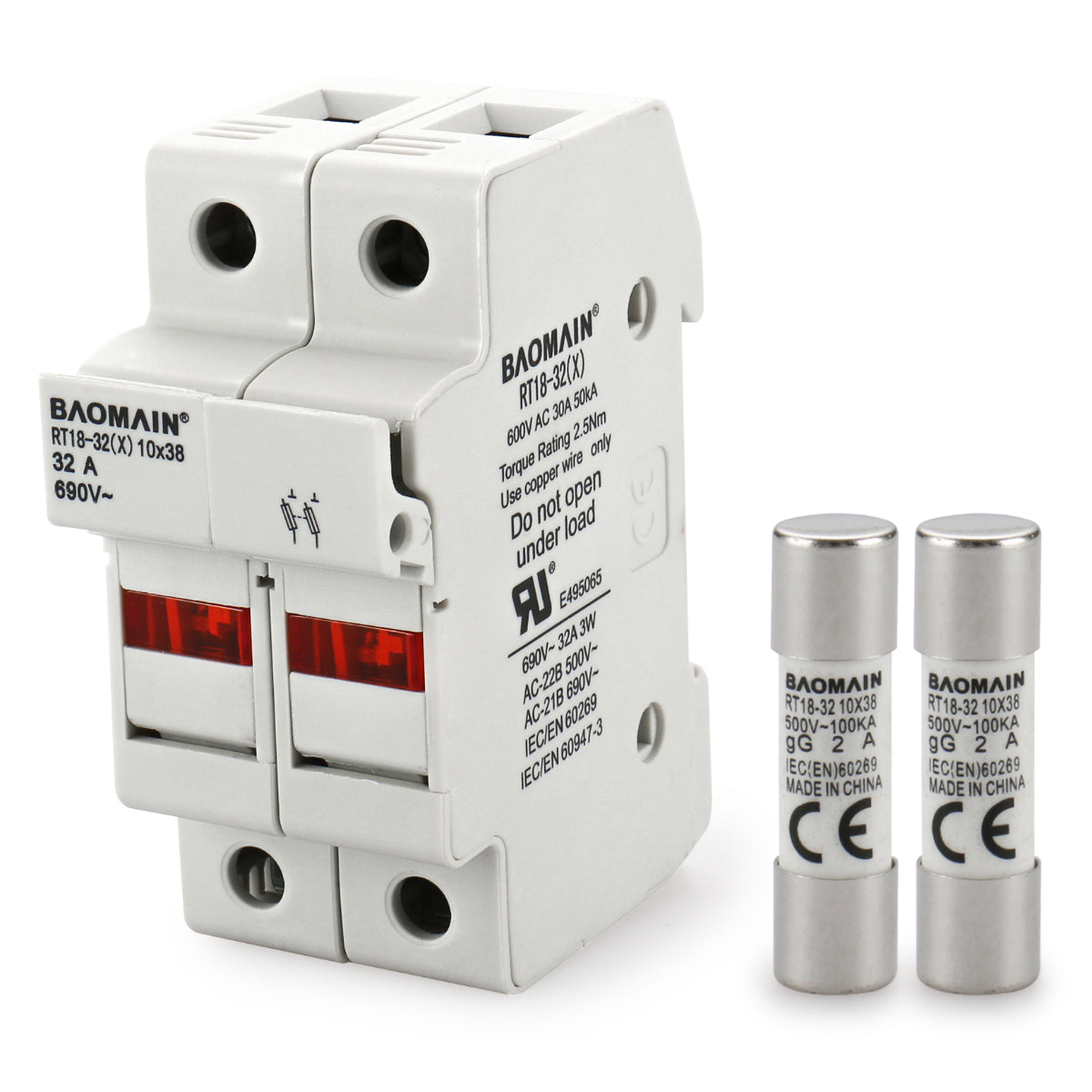 Cylindrical Fuse Holder RT18-32(X) Fuse Base 2 Poles DIN Rail Mount UL&CE Listed 10 PCS of 10*38mm Fuse - BAOMAIN