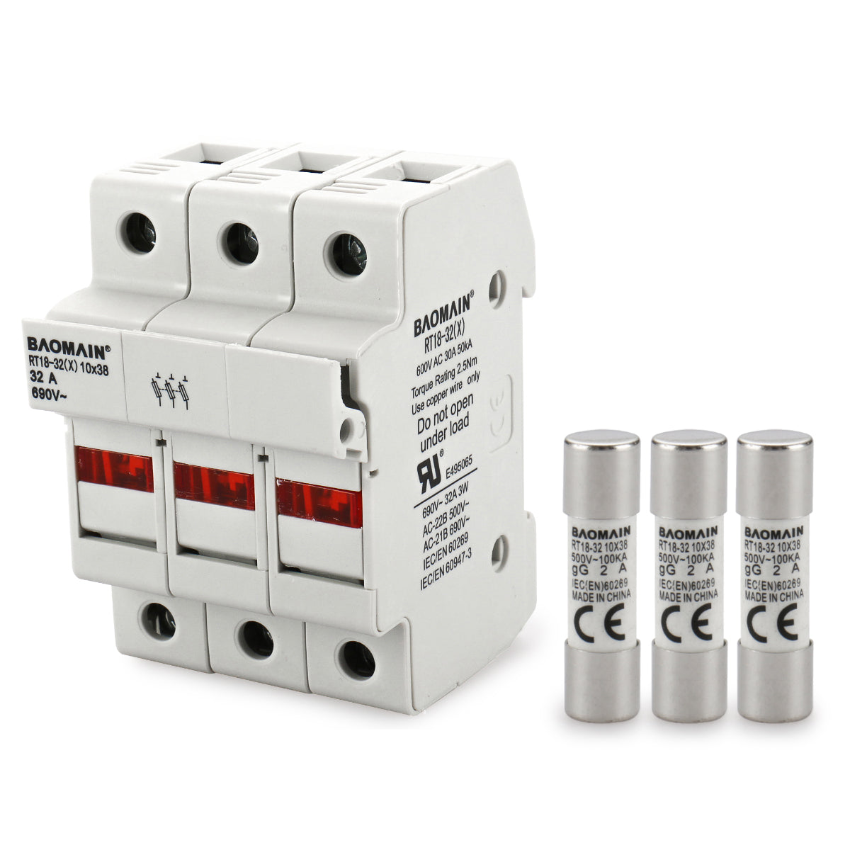 Baomain Cylindrical Fuse Holder RT18-32(X) 10mm X 38mm Fuse Base 3 Poles DIN Rail Mount CE&UR Listed With Fuse Pack of 10 - BAOMAIN