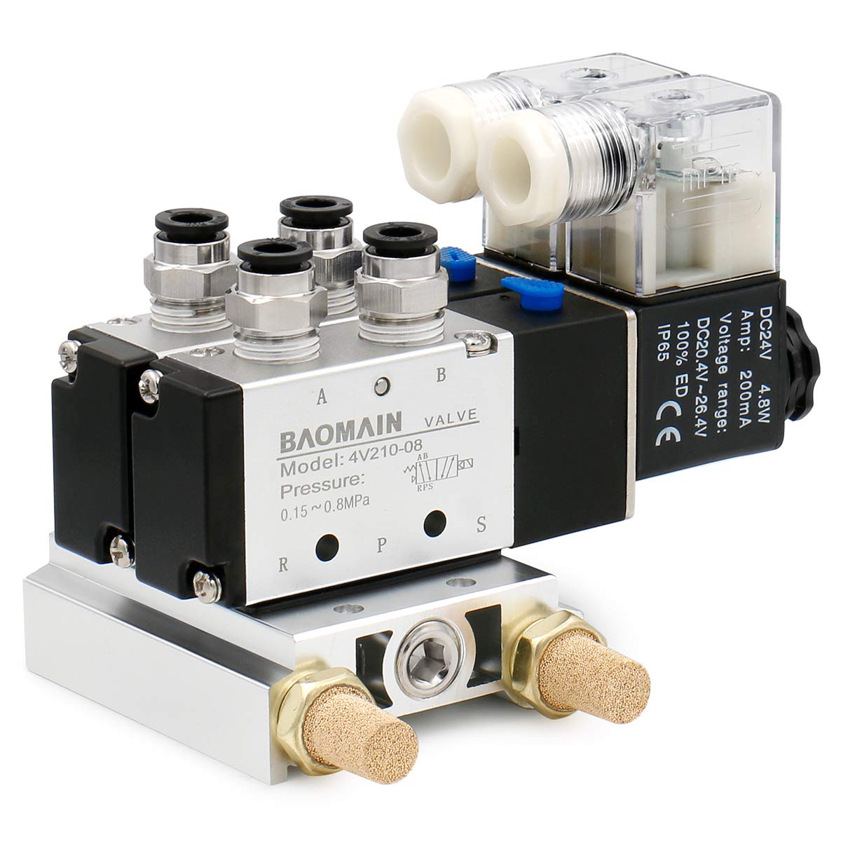 Baomain 2 Space Pneumatic 1/4"PT Solenoid Valve 4V210-08 12V/24V/110V/220V Single Coil Pilot-Operated Electric 2 Position 5 Way Connection Type with Base Muffler - BAOMAIN