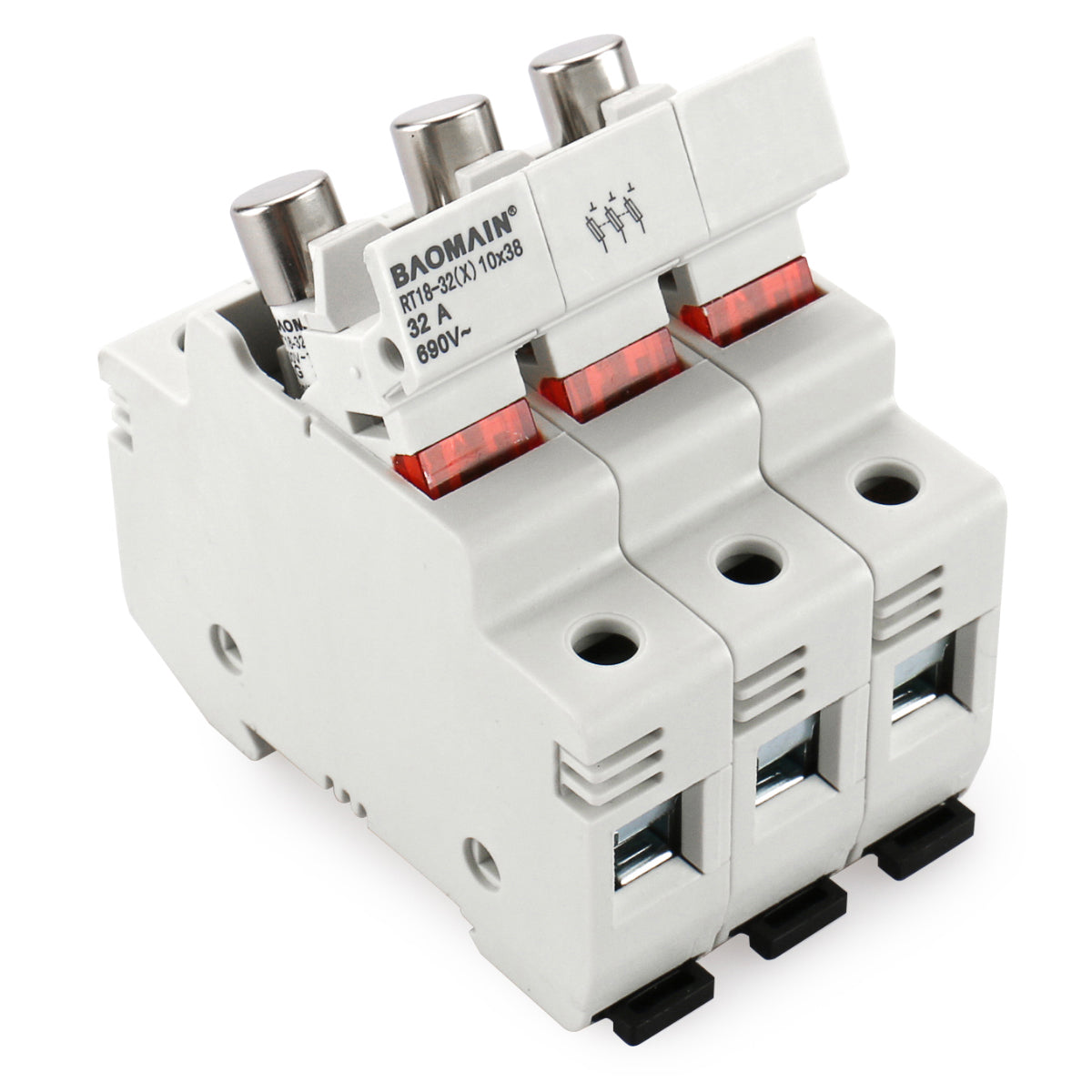 Baomain Cylindrical Fuse Holder RT18-32(X) 10mm X 38mm Fuse Base 3 Poles DIN Rail Mount CE&UR Listed With Fuse Pack of 10 - BAOMAIN