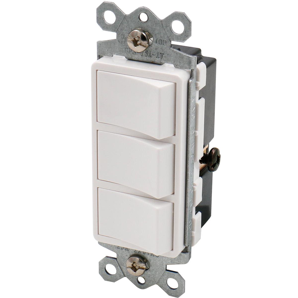 Triple Three-Function Rocker Switch Commercial Grade 15 Amp 120 Volt UL&CUL White - BAOMAIN