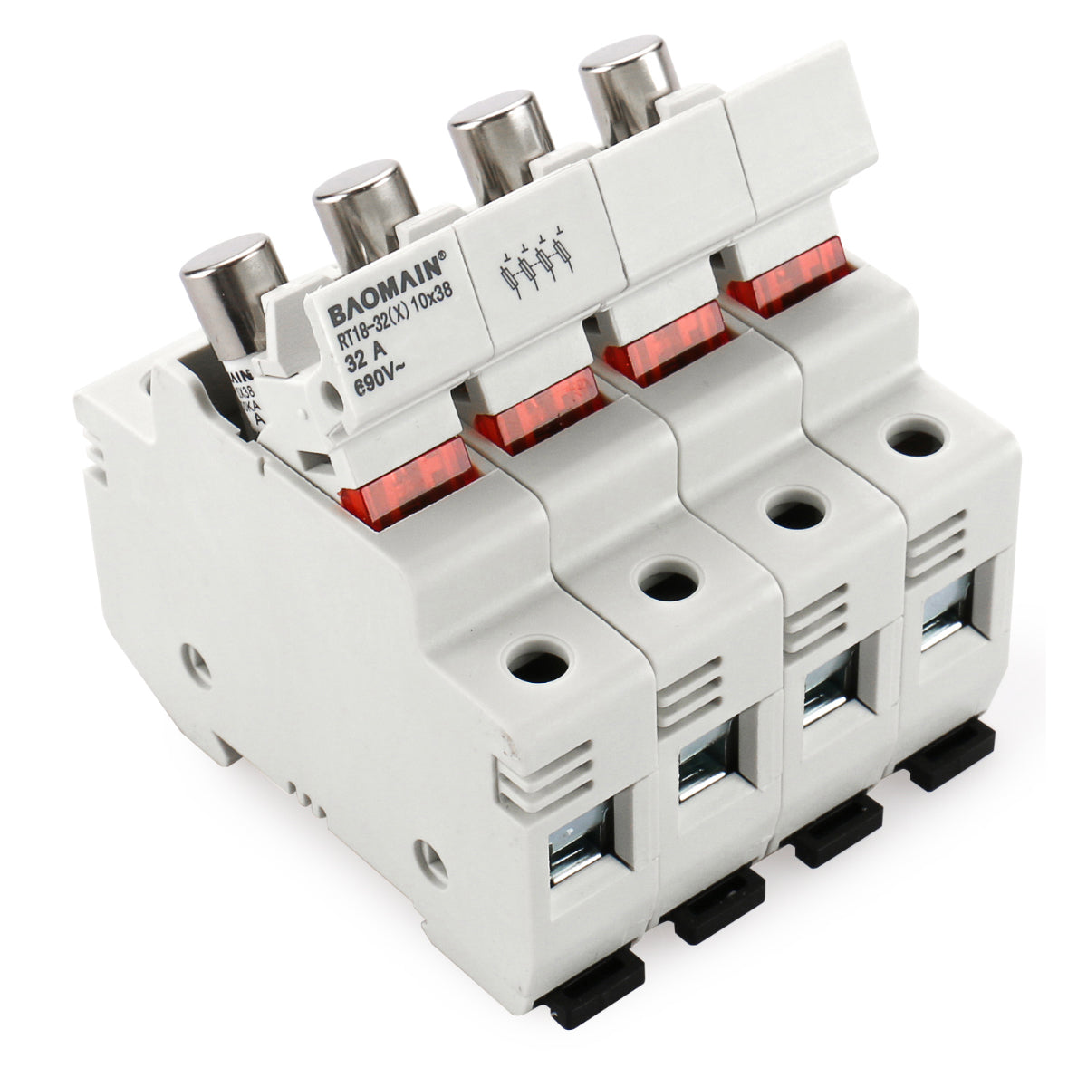 Baomain Cylindrical Fuse Holder RT18-32(X) 10mm X 38mm Fuse Base 4 Poles DIN Rail Mount CE&UR Listed 20 PCS of Fuse - BAOMAIN