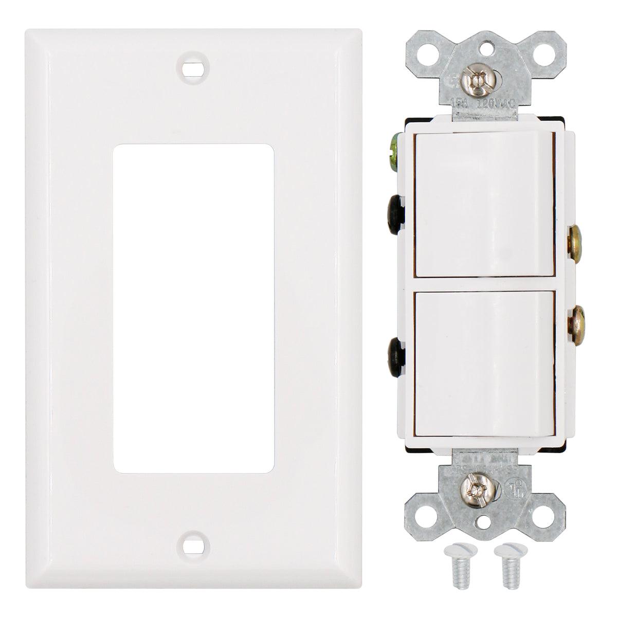 Baomain Duplex Dual Rocker switch 15 Amp, 120 Volt, Single-Pole AC Combination Switch, Commercial Grade, Grounding, White with Wall Cover Pack of 10 - BAOMAIN