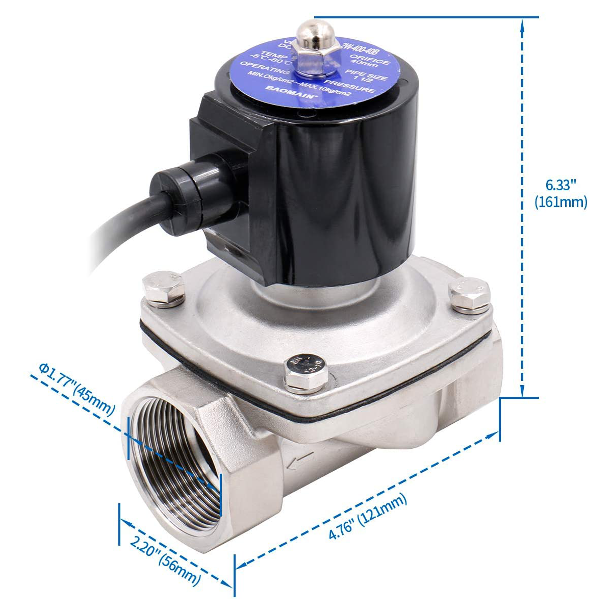 Baomain Elektrisches Magnetventil, 1-1/2 Zoll Zoll, DC24 V, normalerweise geschlossen (NC), Wasser, IP66, Silber, Stahl, Edelstahl, 2W-400-40B