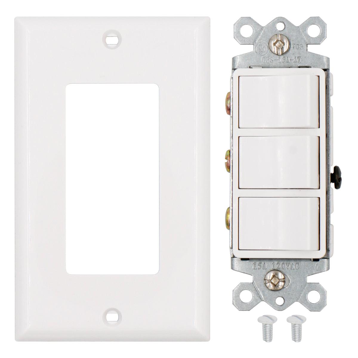 Baomain Triple Rocker Combination Switch 15 Amp, 120 Volt, 3 Individual Switches, Commercial Grade, with Ground Screw, White with Wall Cover UL & CUL - BAOMAIN