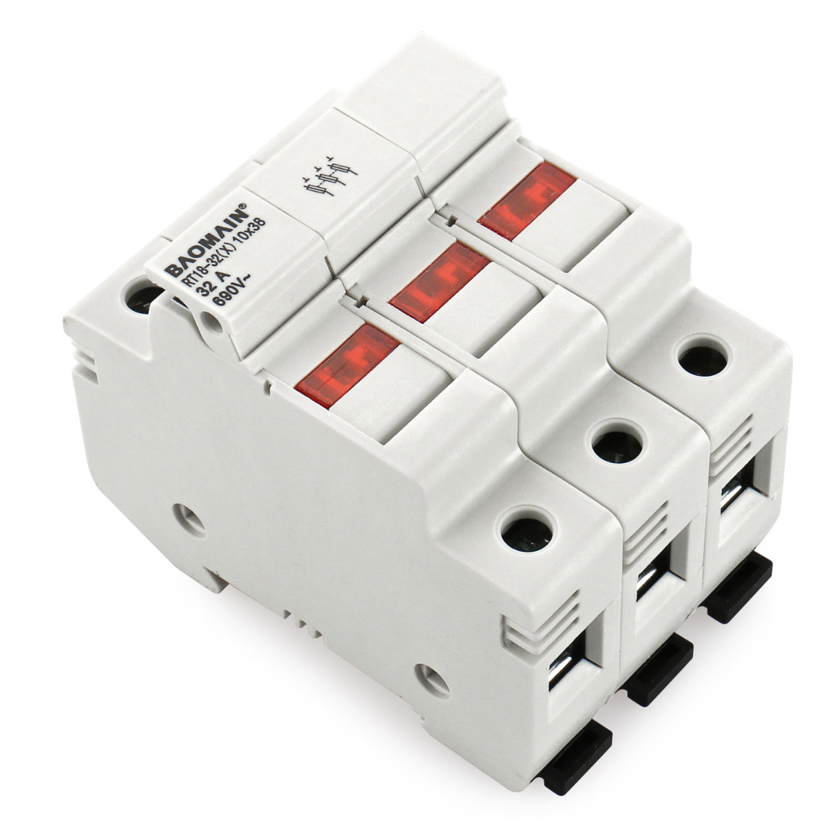 Baomain Cylindrical Fuse Holder RT18-32(X) 10mm X 38mm Fuse Base 3 Poles DIN Rail Mount CE&UR Listed With Fuse Pack of 10 - BAOMAIN