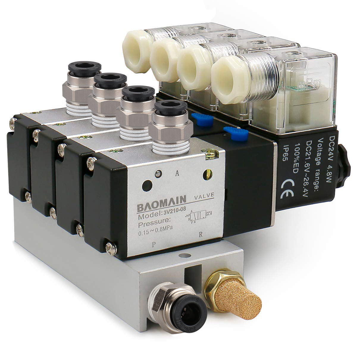 Baomain 4 Space Pneumatisches Magnetventil 3V210-08 12 V/24 V/110 V/220 V PT1/4 2-Positionen-3-Wege-Verteiler mit Basisschalldämpfer-Schnellmontagesatz